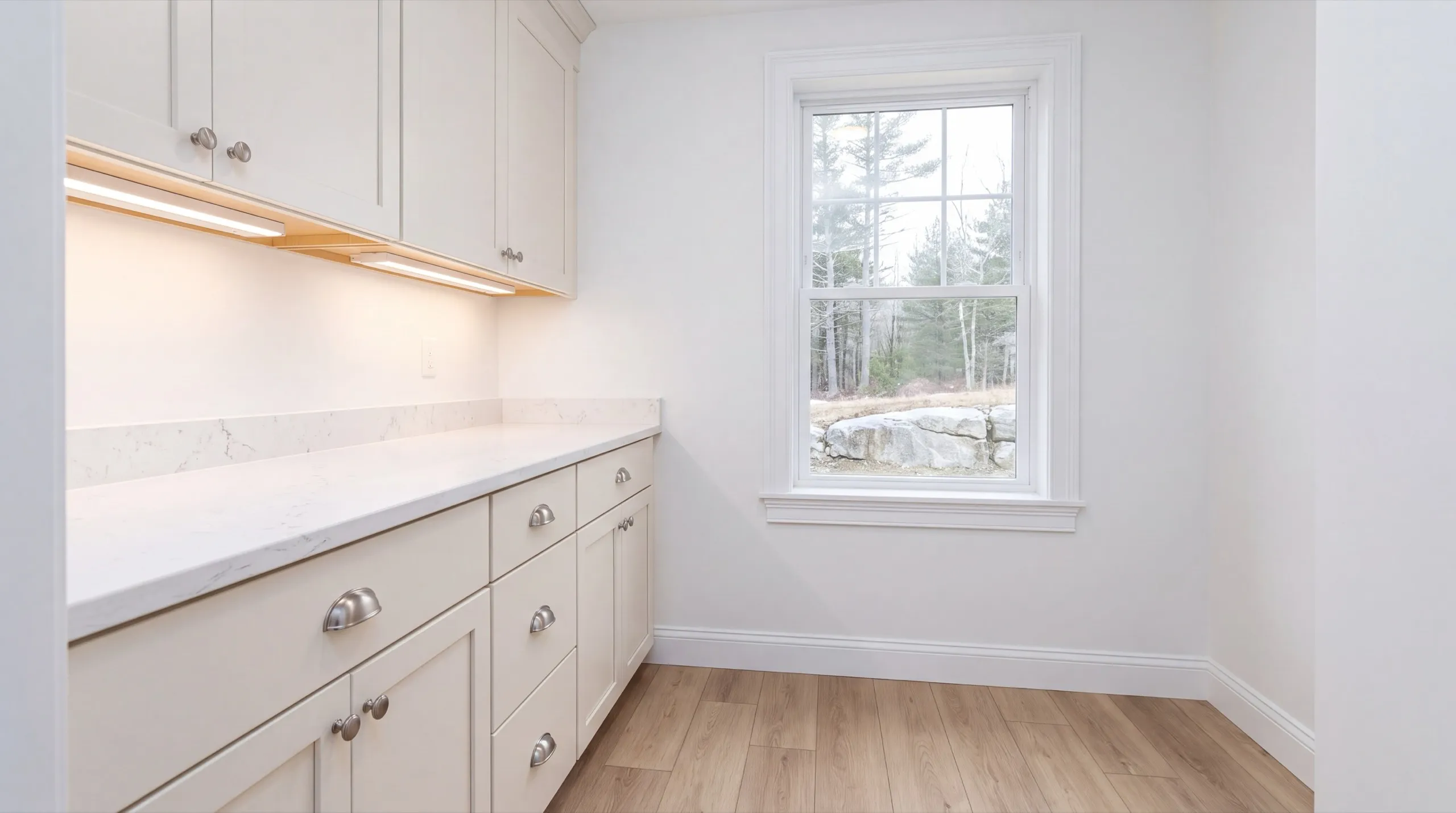 ADU builder Augusta Maine: white kitchenette counter with shaker cabinets beside a window in a small room