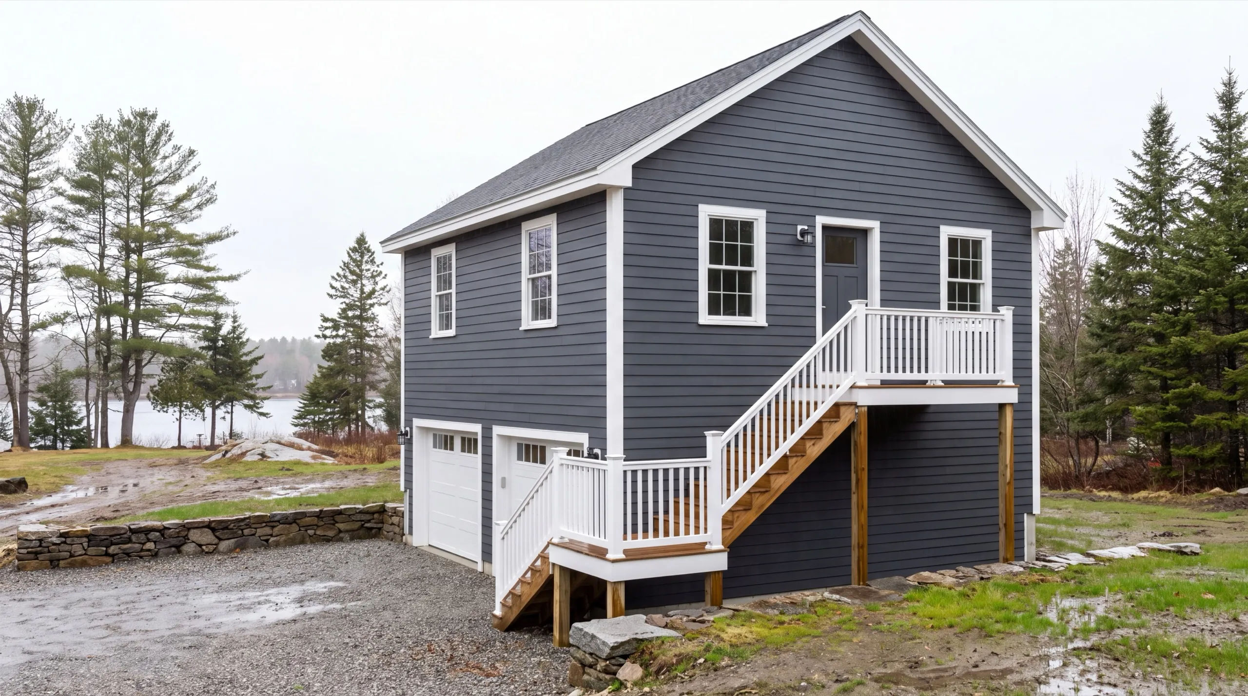 Accessory dwelling unit builder Augusta Maine: two-story garage with living space above, two doors and an exterior stair