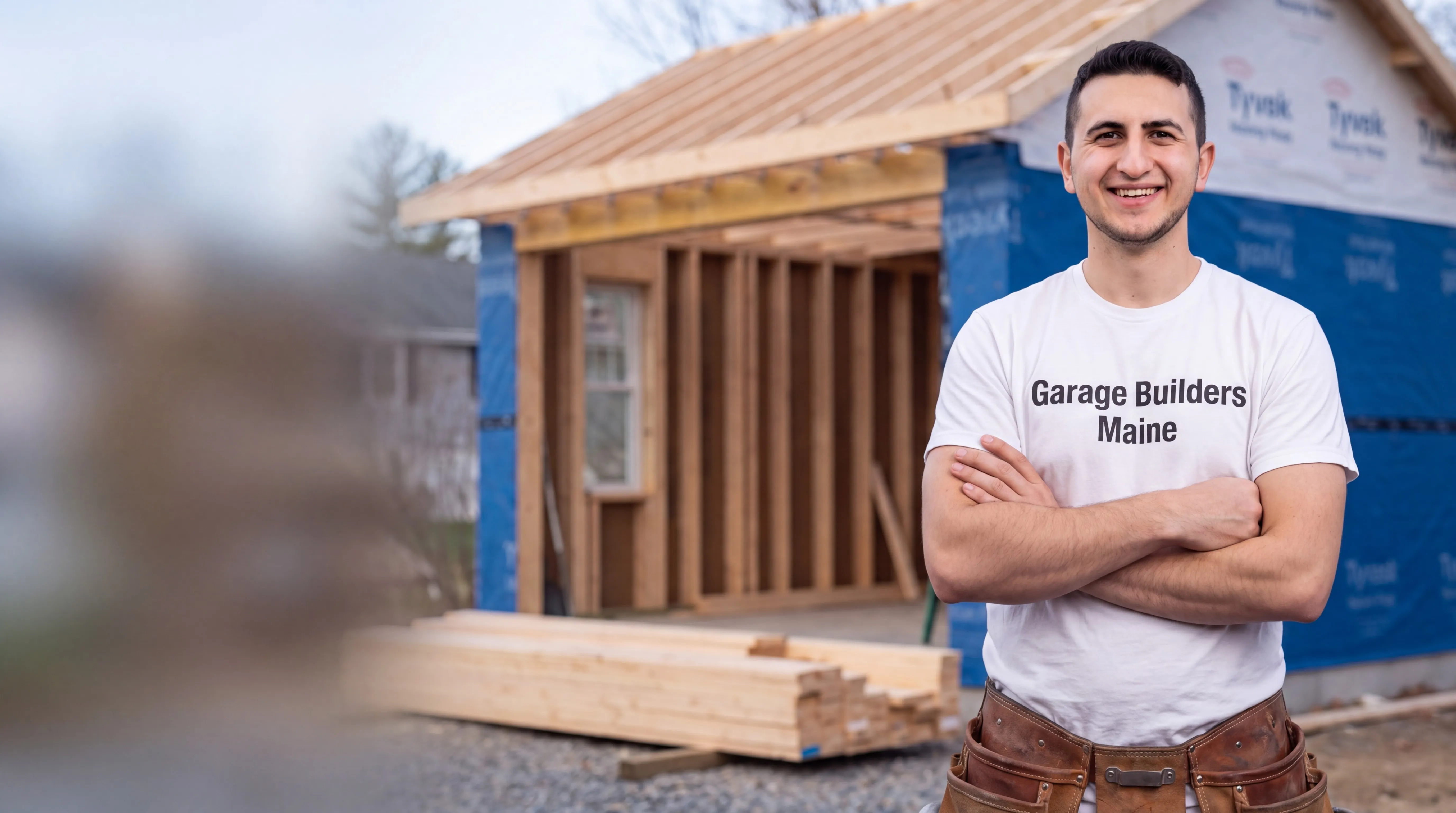 ADU builder Augusta Maine: owner with arms crossed in front of a small framed building in house wrap