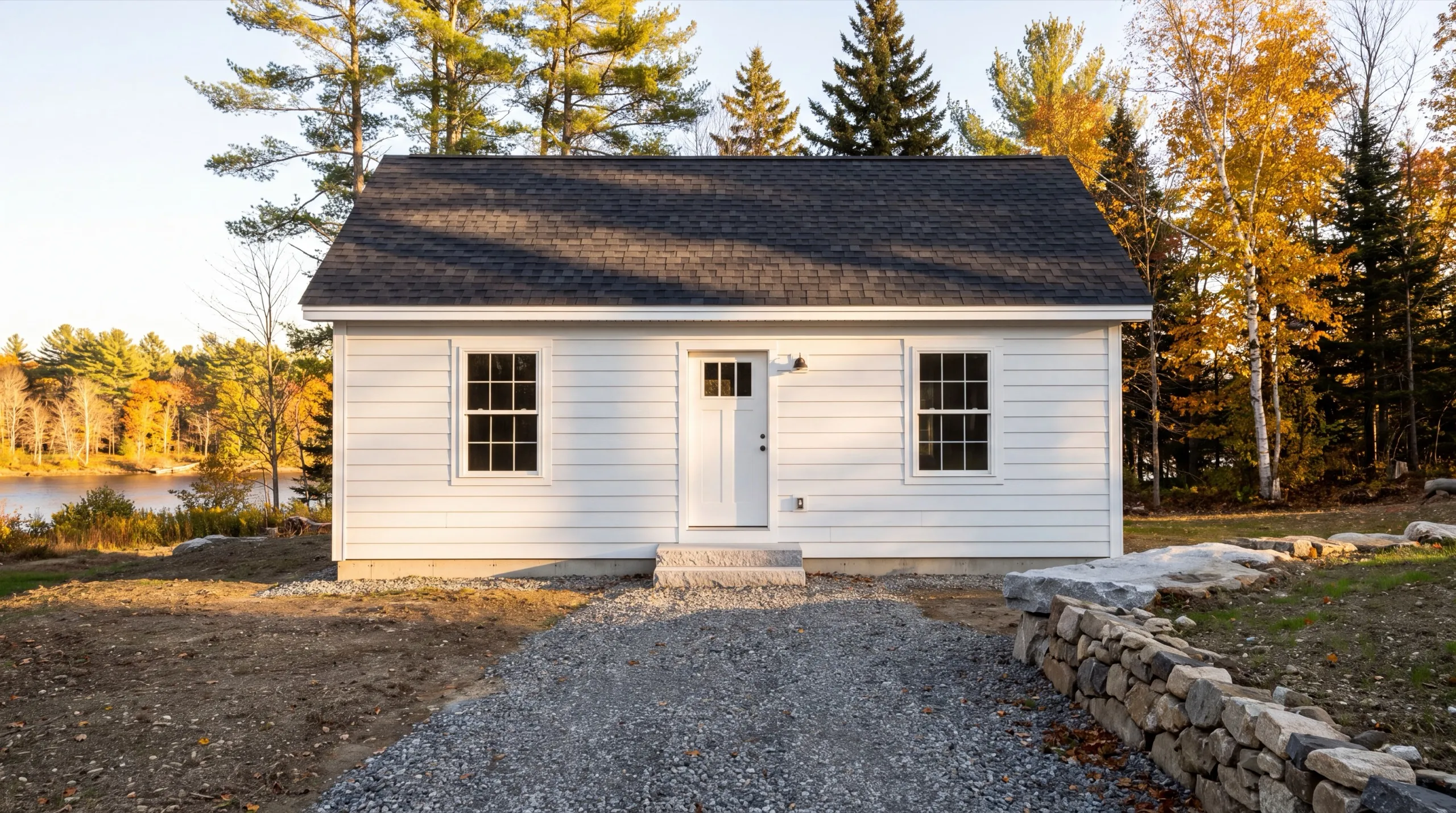 ADU builder Augusta Maine: finished white one-story cottage with a gravel path and stone wall