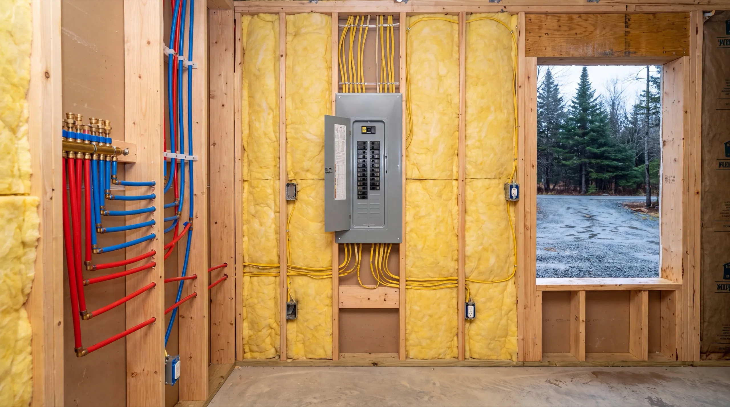Accessory dwelling unit builder Augusta Maine: insulated stud wall with an electrical panel, wiring and a water manifold