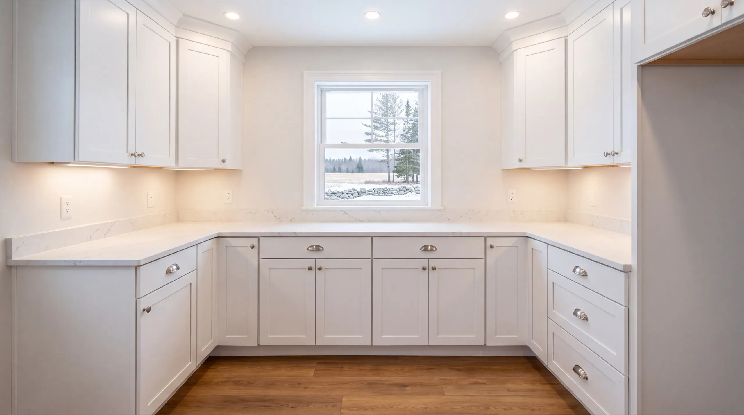 ADU builder Chelsea Maine: white U-shaped kitchenette with stone counters under a single window