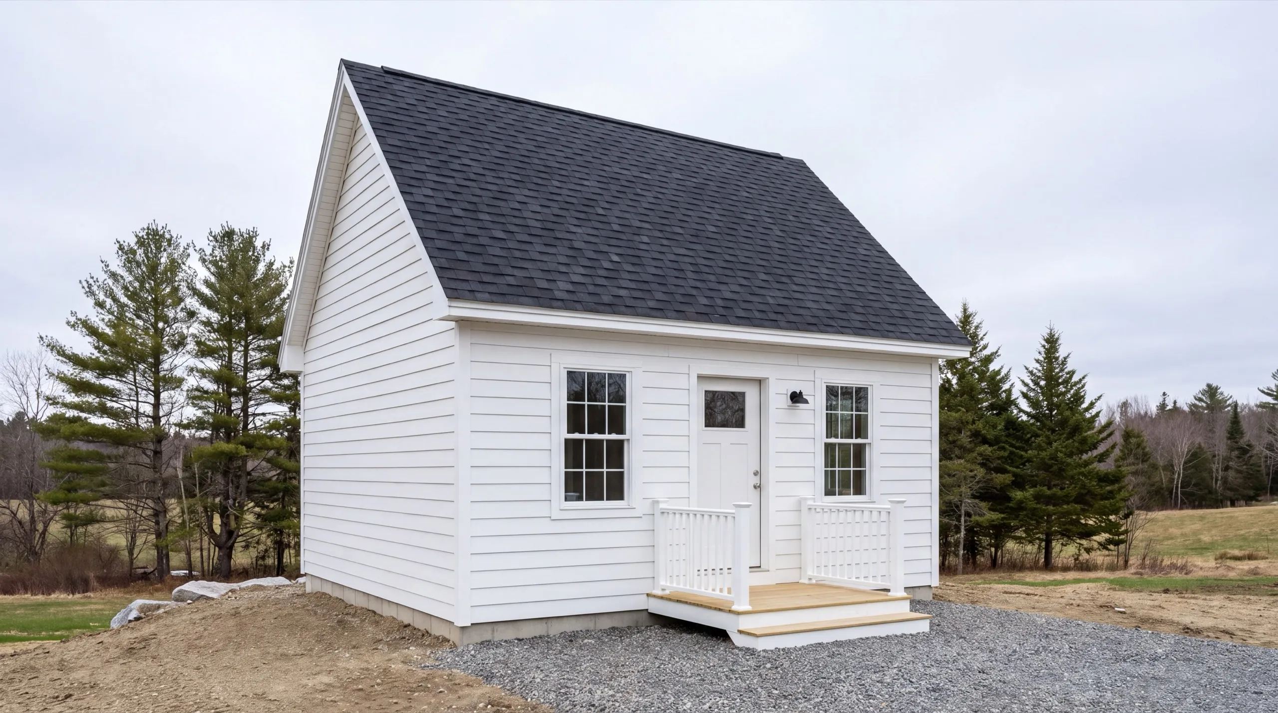 ADU builder in Chelsea, ME: finished white one-story cottage with a small railed entry stoop on gravel