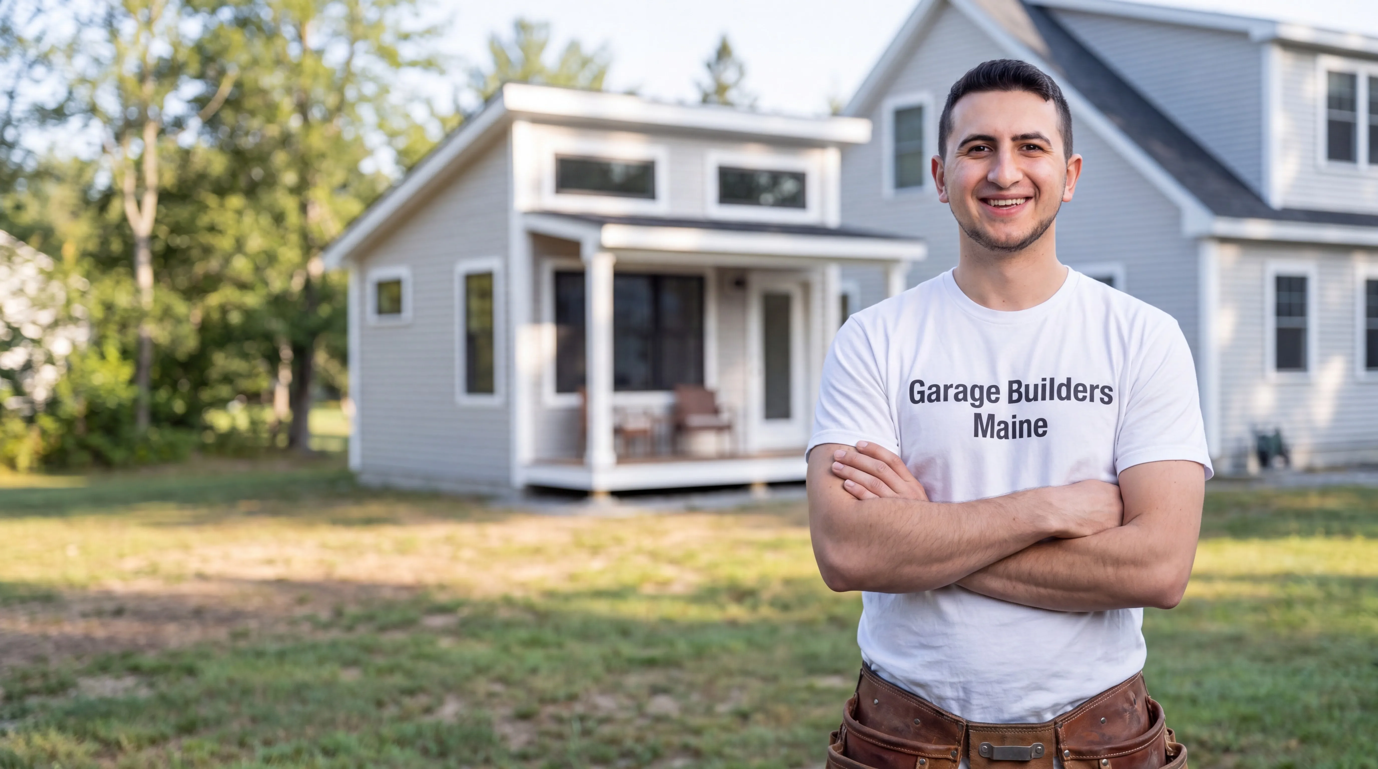 ADU builder Chelsea Maine: owner with arms crossed in front of a finished cottage beside a larger house