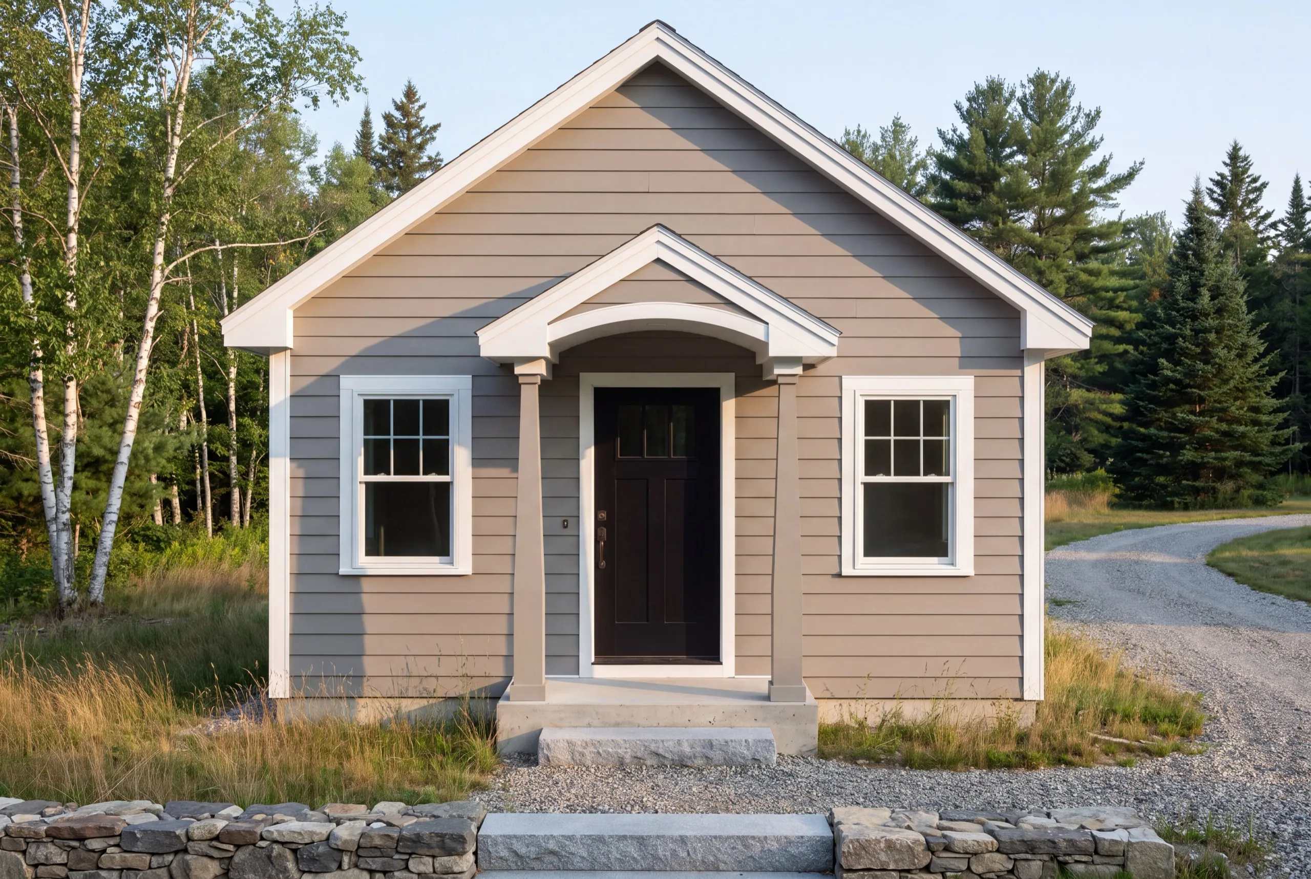 Accessory dwelling unit builder Chelsea Maine: finished tan detached cottage with a columned entry and a gravel drive