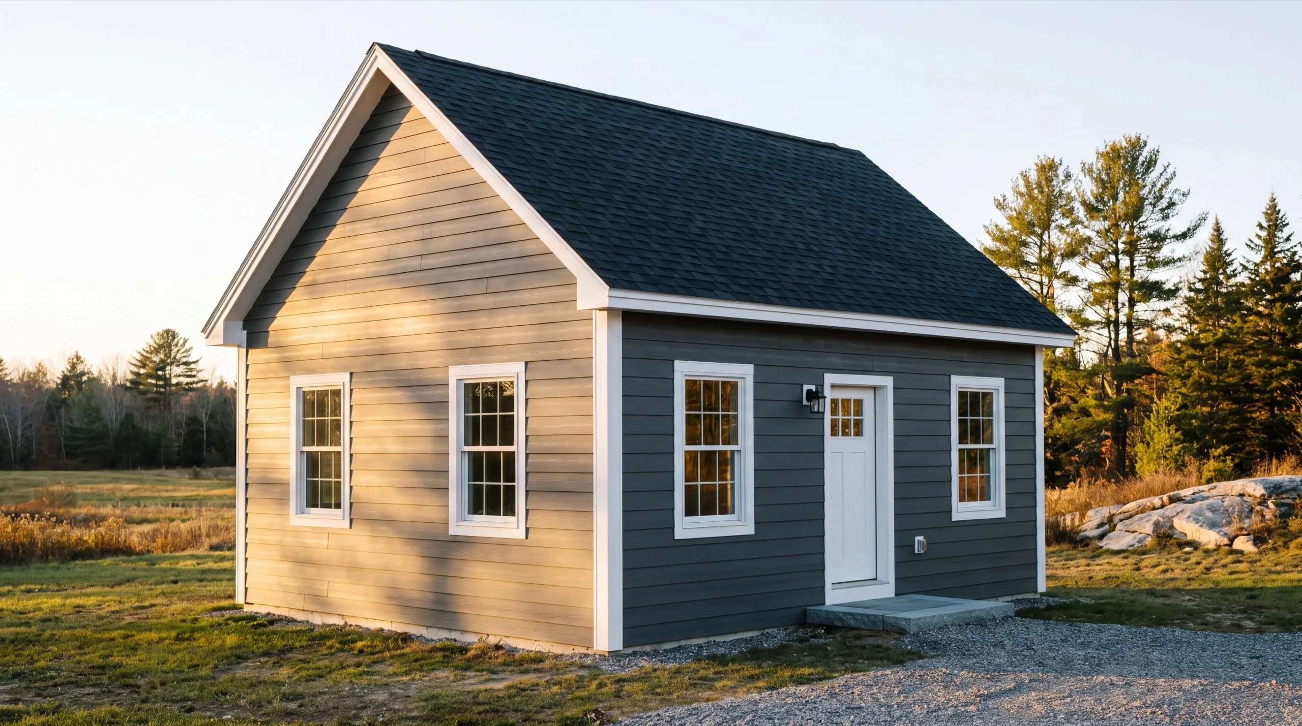 ADU builder Chelsea Maine: finished one-story cottage with gray and blue siding and white trim