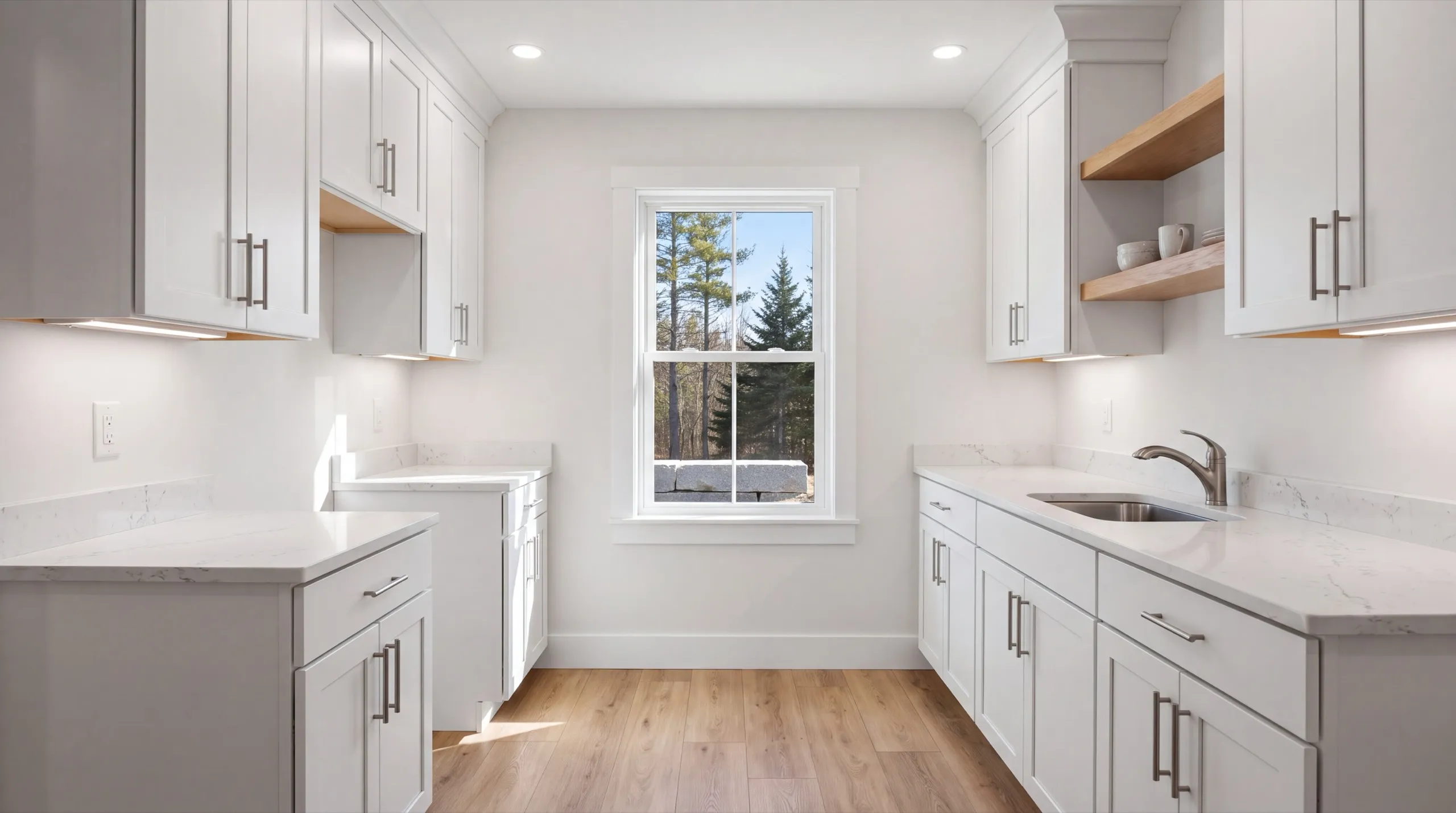 ADU builder Dresden Maine: white galley kitchenette with stone counters, open shelves and a window