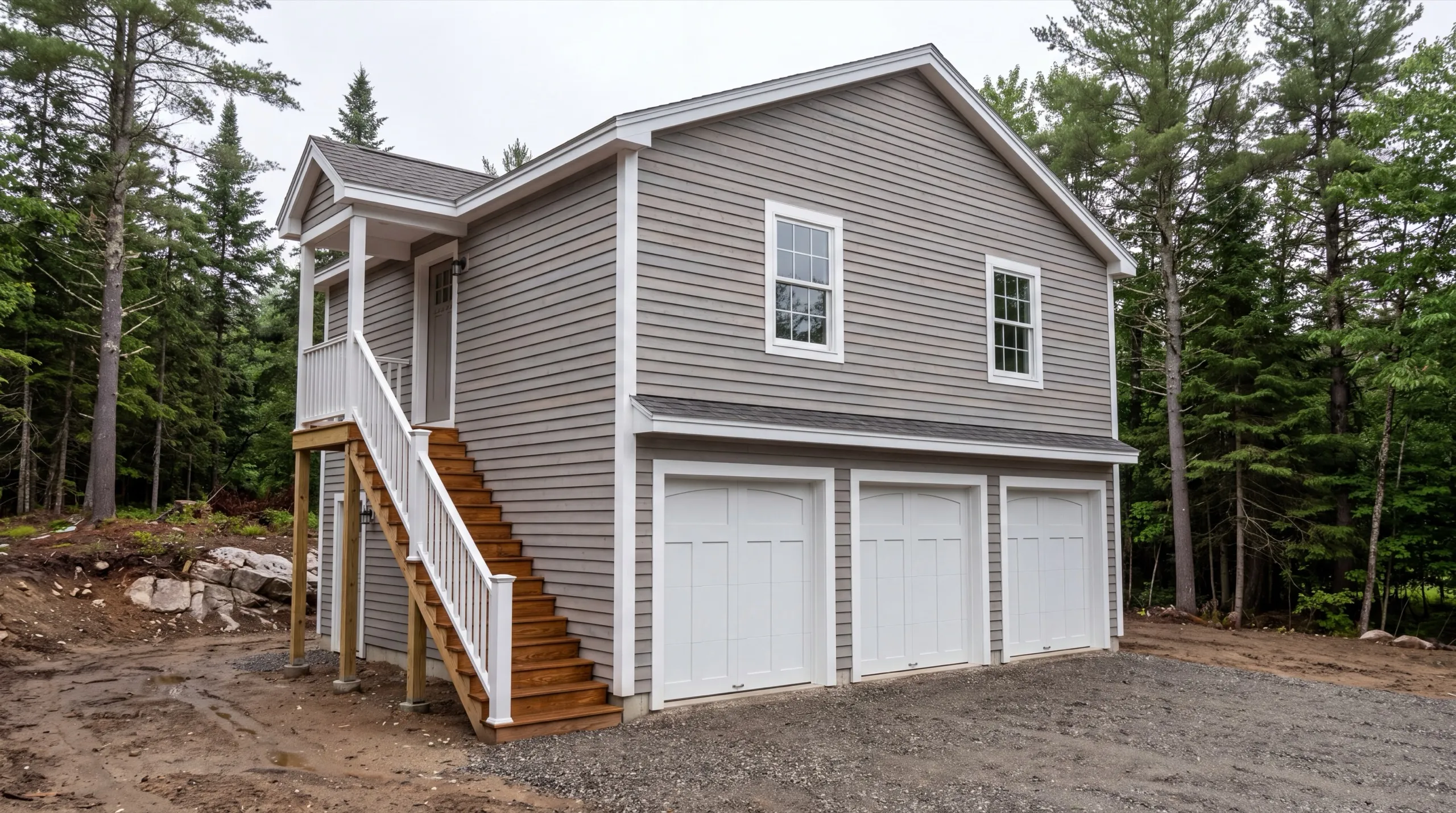 Accessory dwelling unit builder Dresden Maine: gray three-bay garage with living space above and an exterior stair to a porch