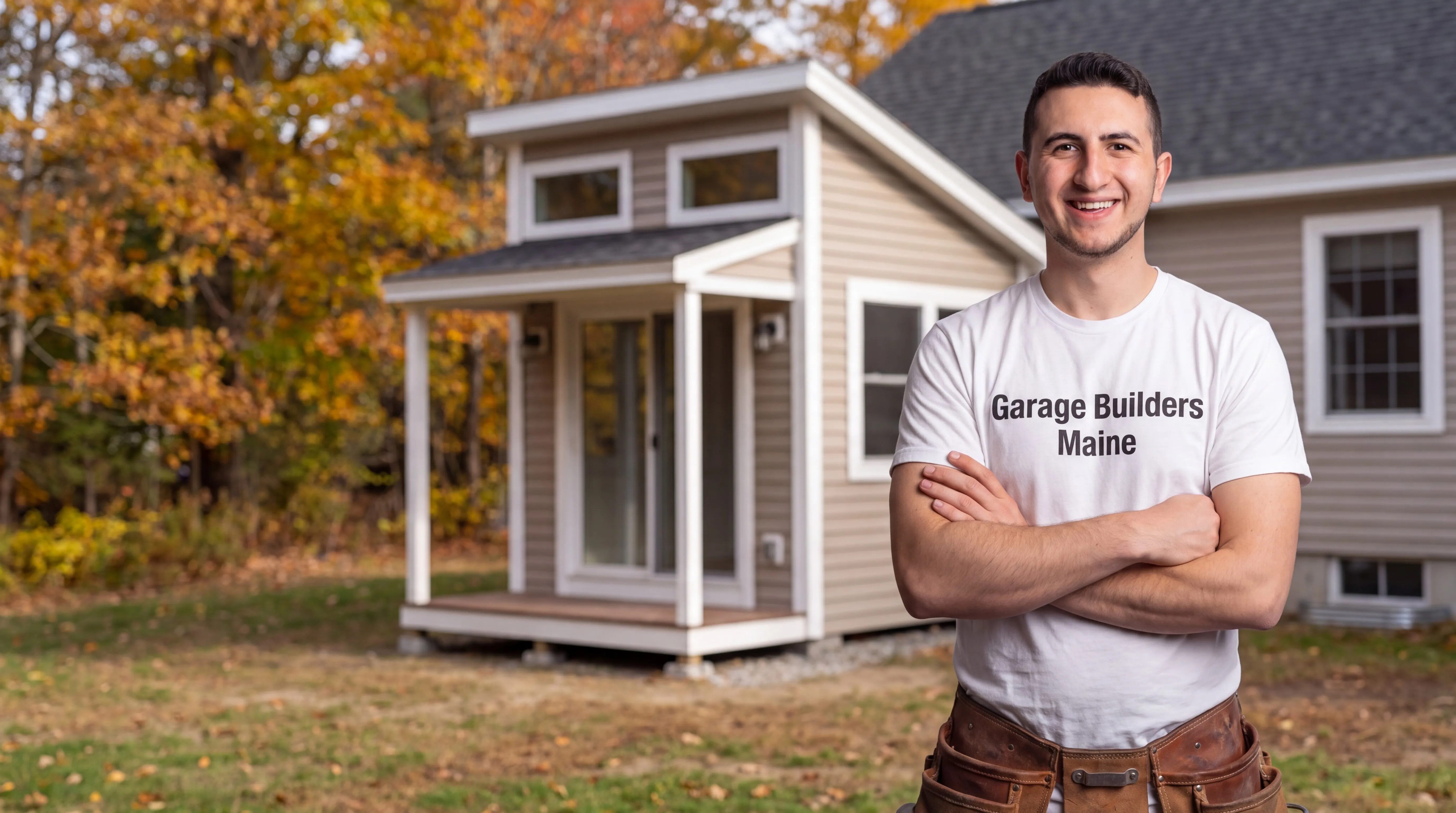 ADU builder Dresden Maine: owner with arms crossed in front of a finished cottage with a covered porch