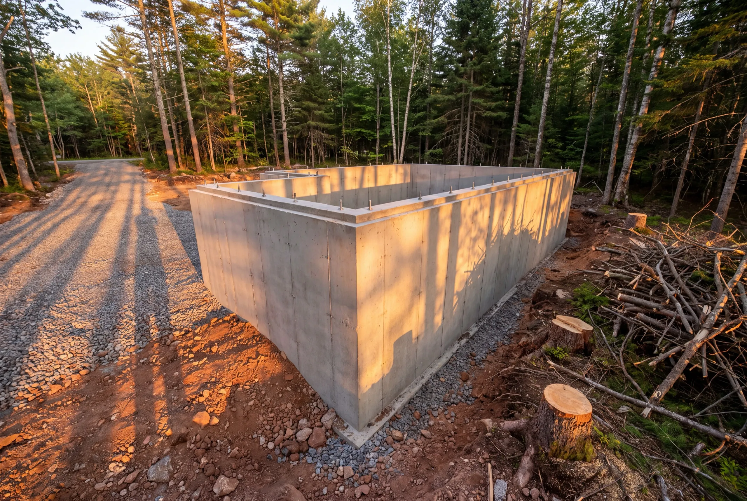 Poured concrete foundation walls on a cleared wooded lot with fresh stumps in Dresden, Maine