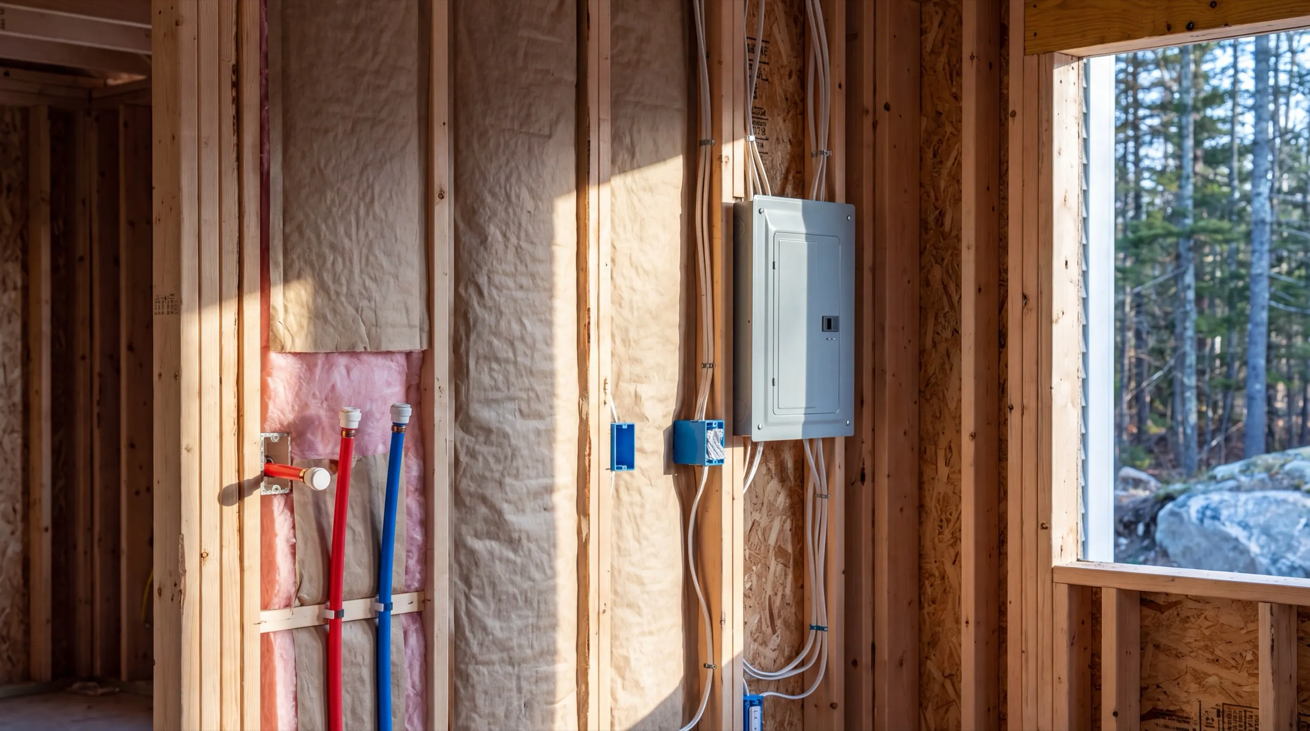 Accessory dwelling unit builder Dresden Maine: insulated stud wall with an electrical panel and red and blue water lines