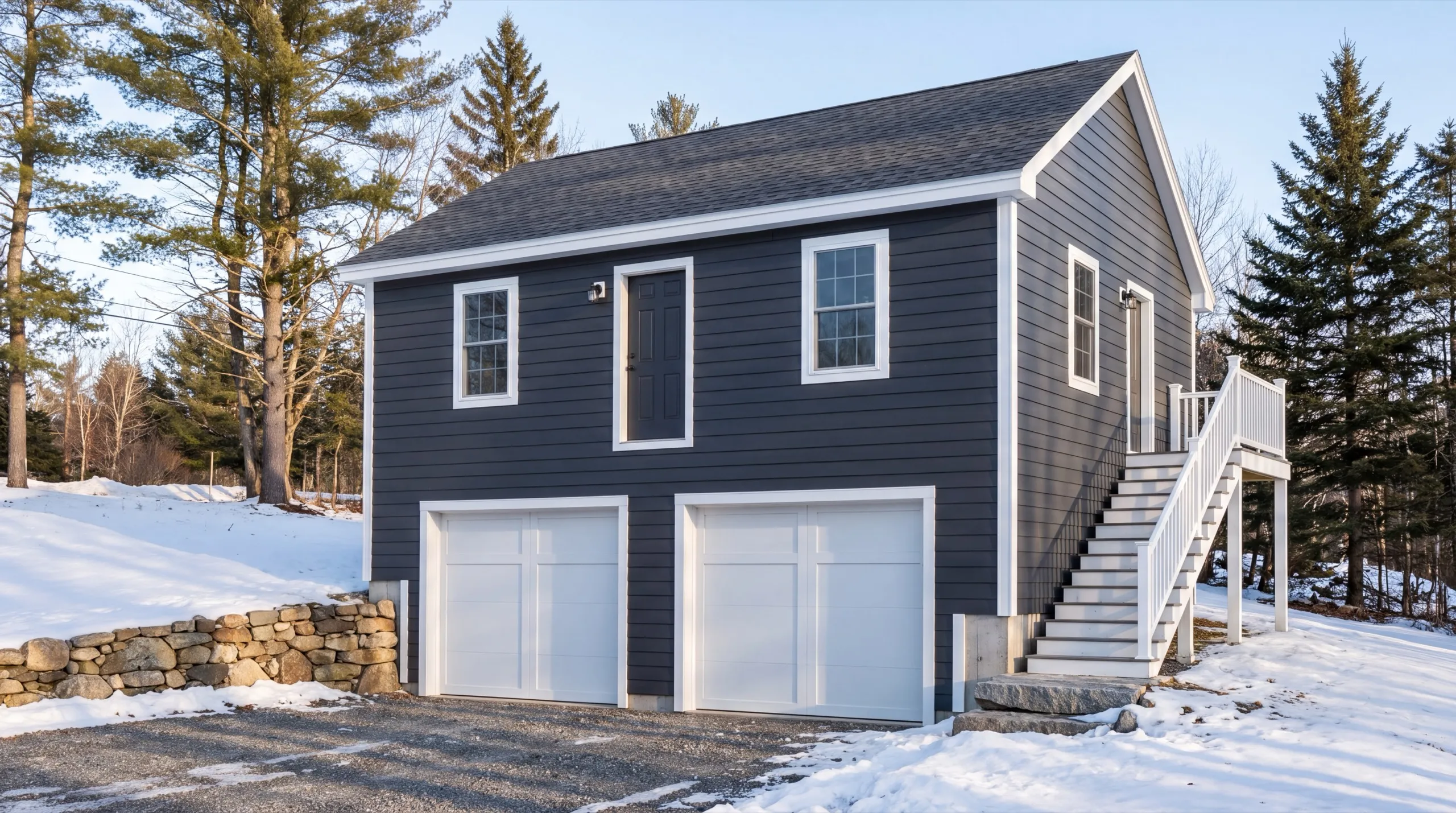 Accessory dwelling unit builder Farmingdale Maine: dark gray two-bay garage with living space above and an exterior stair in snow