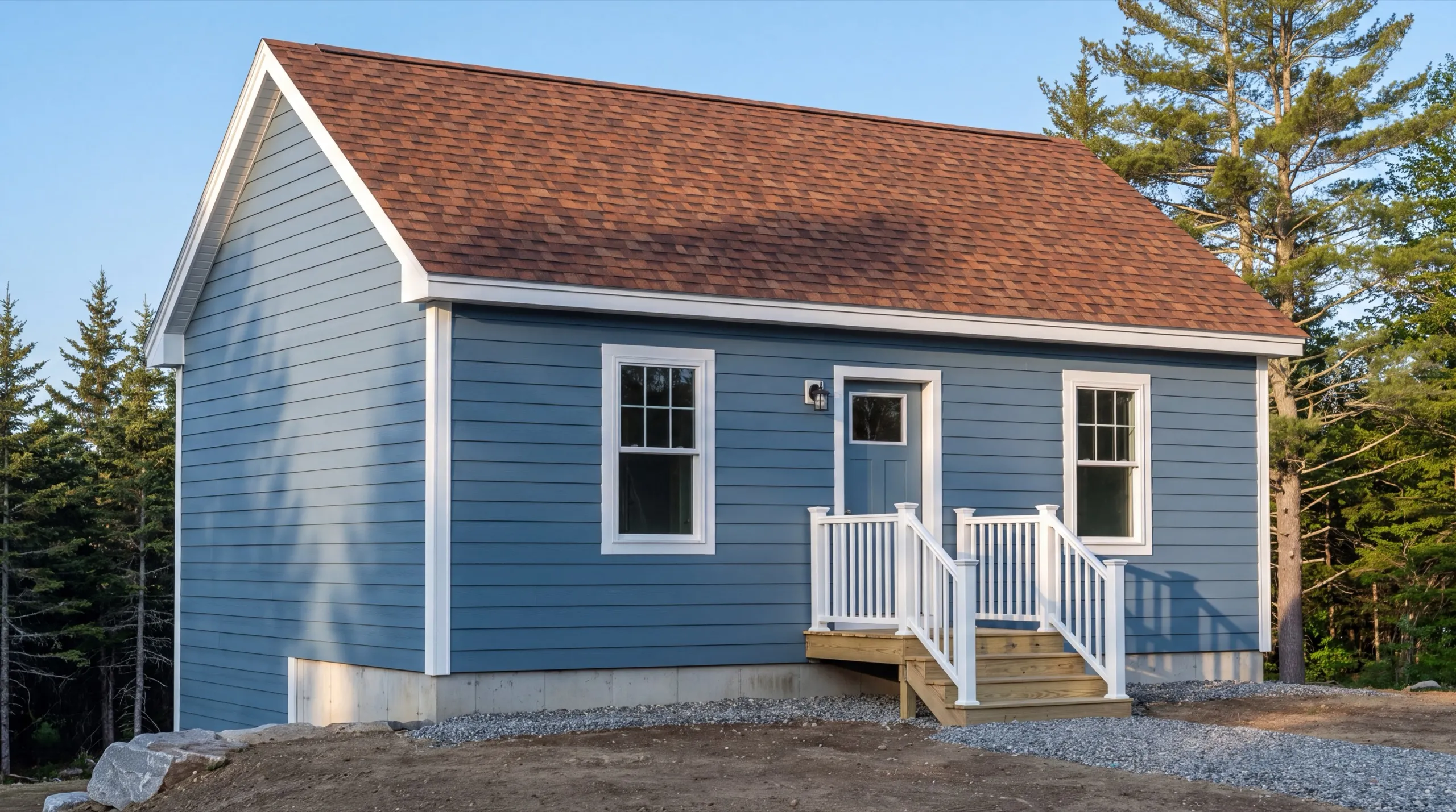 ADU builder in Farmingdale, ME: finished blue one-story cottage with a railed entry stair on a wooded lot