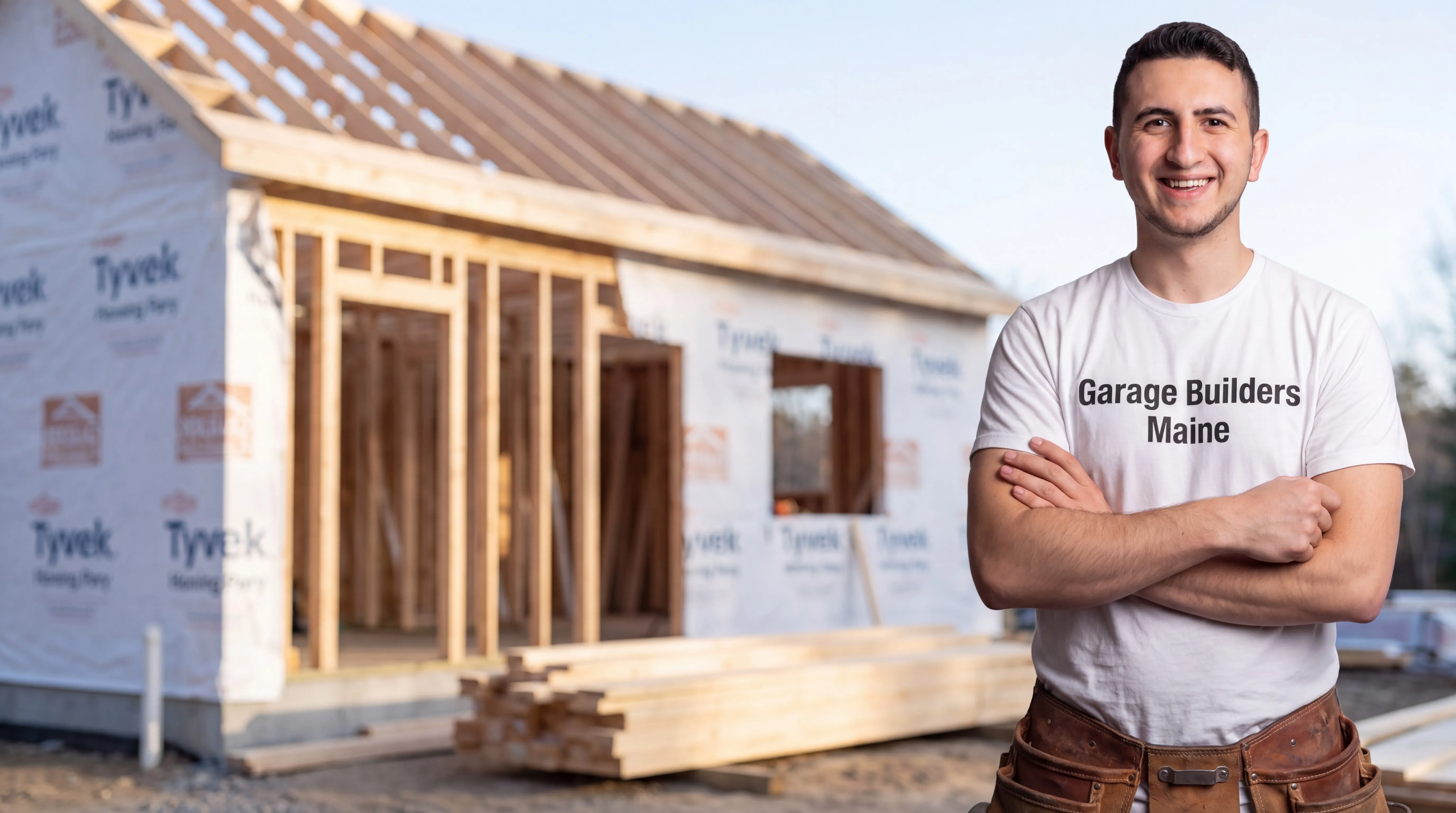 ADU builder Farmingdale Maine: owner with arms crossed in front of a framed small building in house wrap