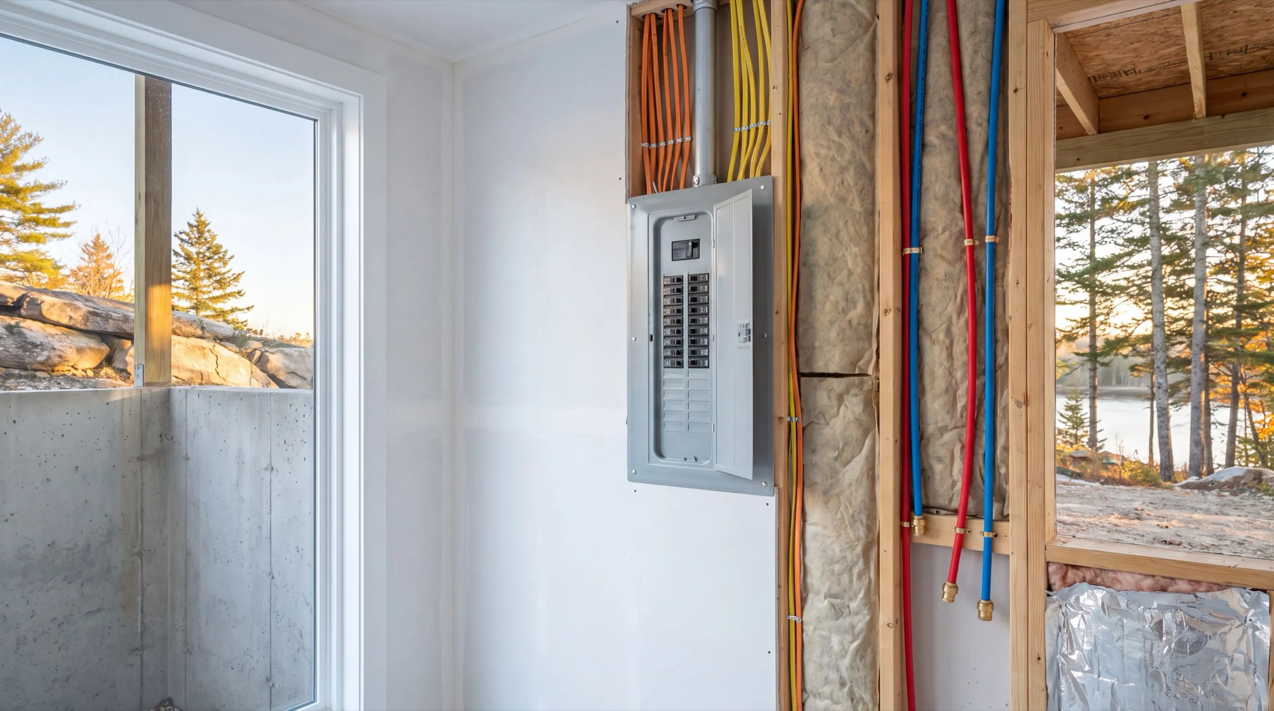 Accessory dwelling unit builder Farmingdale Maine: electrical panel with new wiring beside open framing with red and blue water lines