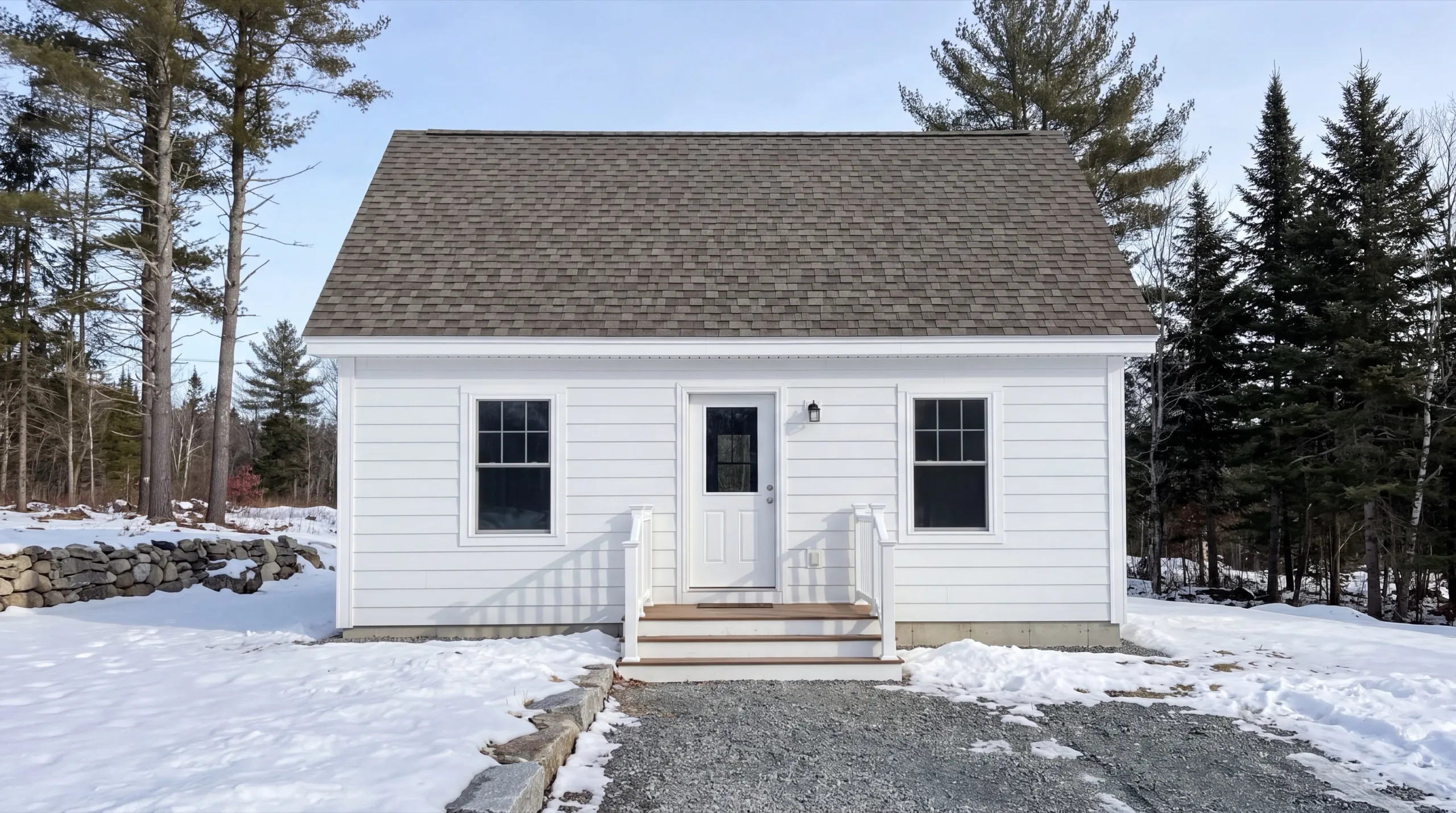 Accessory dwelling unit builder Central Maine: finished small white cottage with front entry steps on a gravel drive in snow