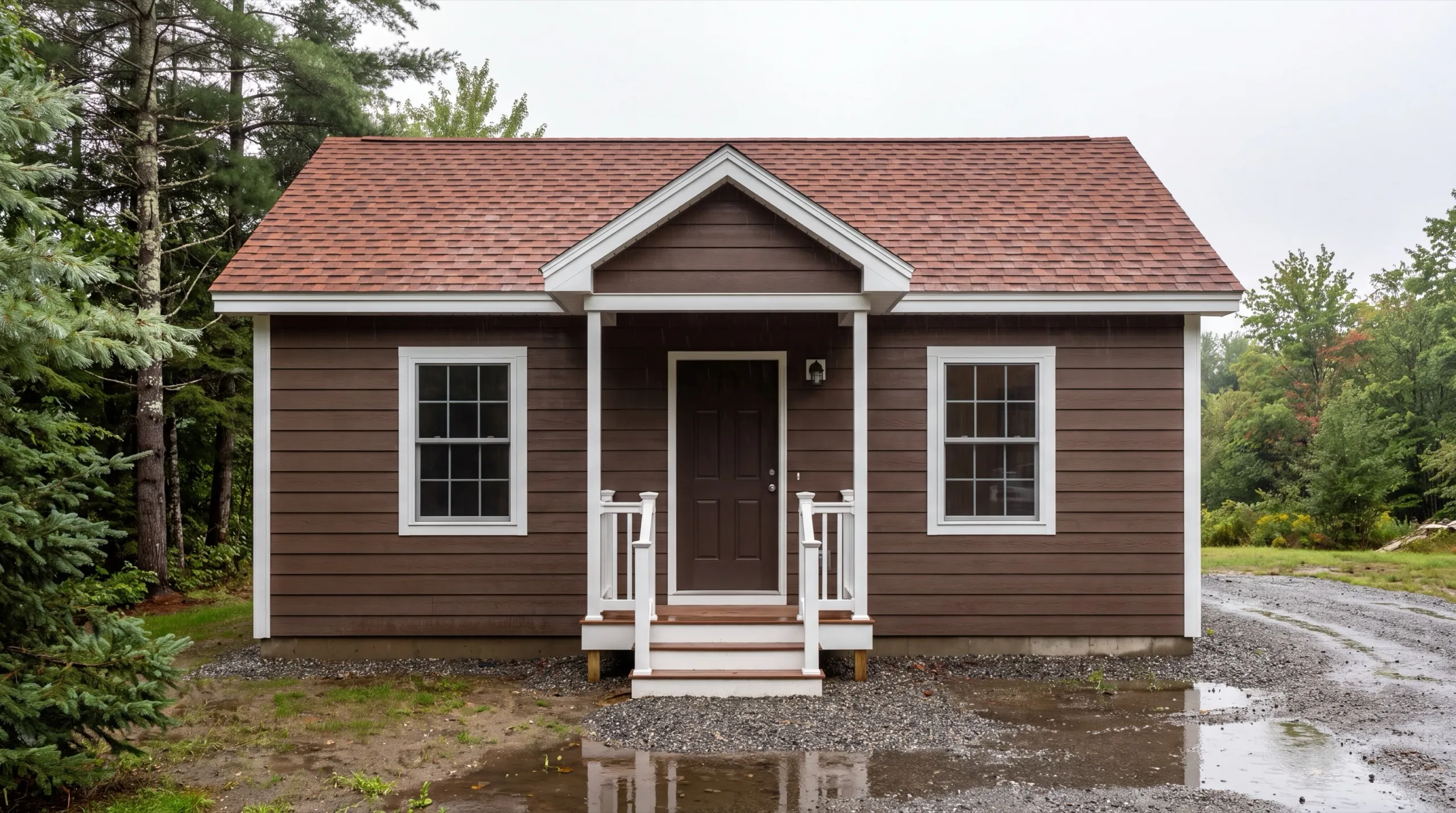 ADU builder in Gardiner, ME: finished brown one-story cottage with a gable entry porch and railed steps