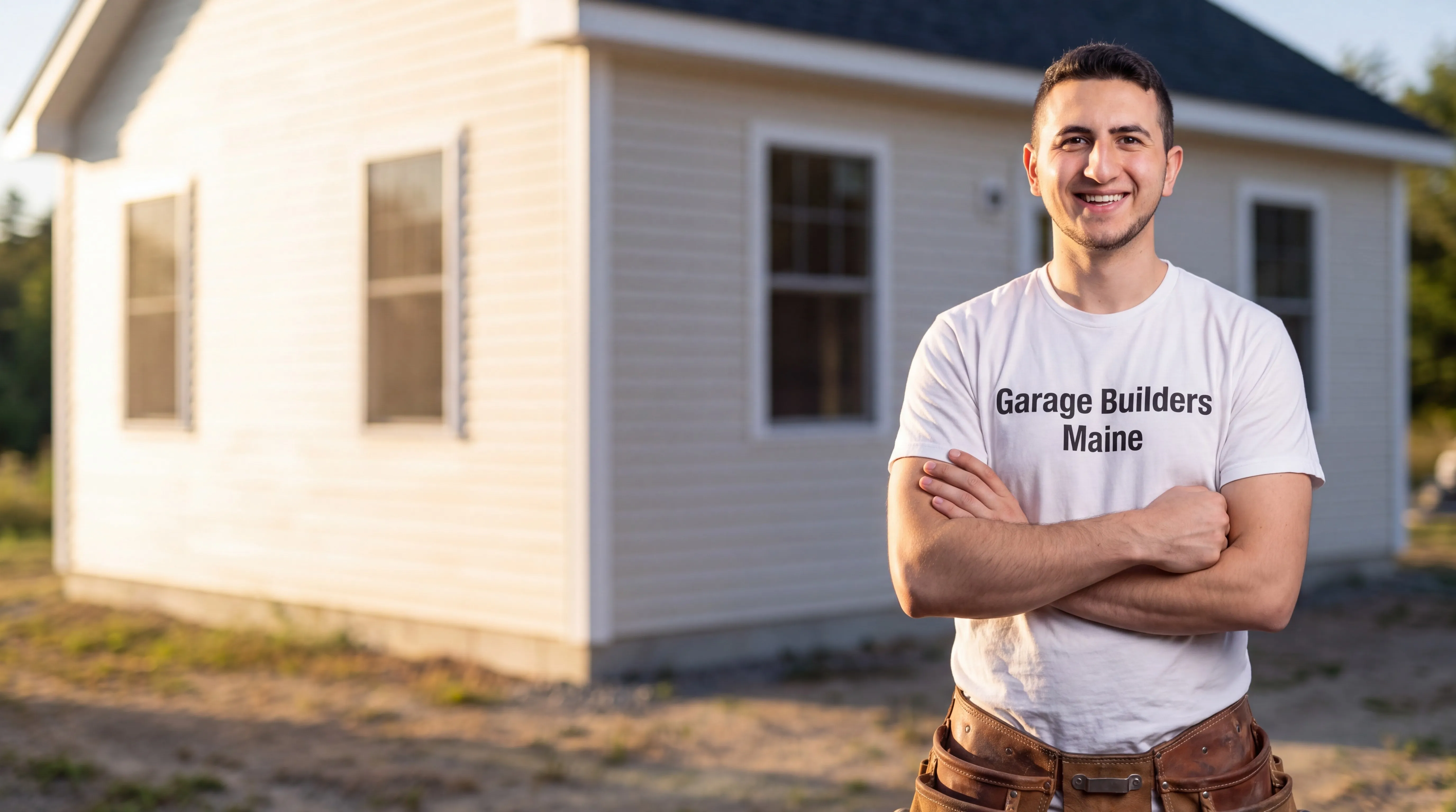 ADU builder Gardiner Maine: owner with arms crossed in front of a finished white cottage