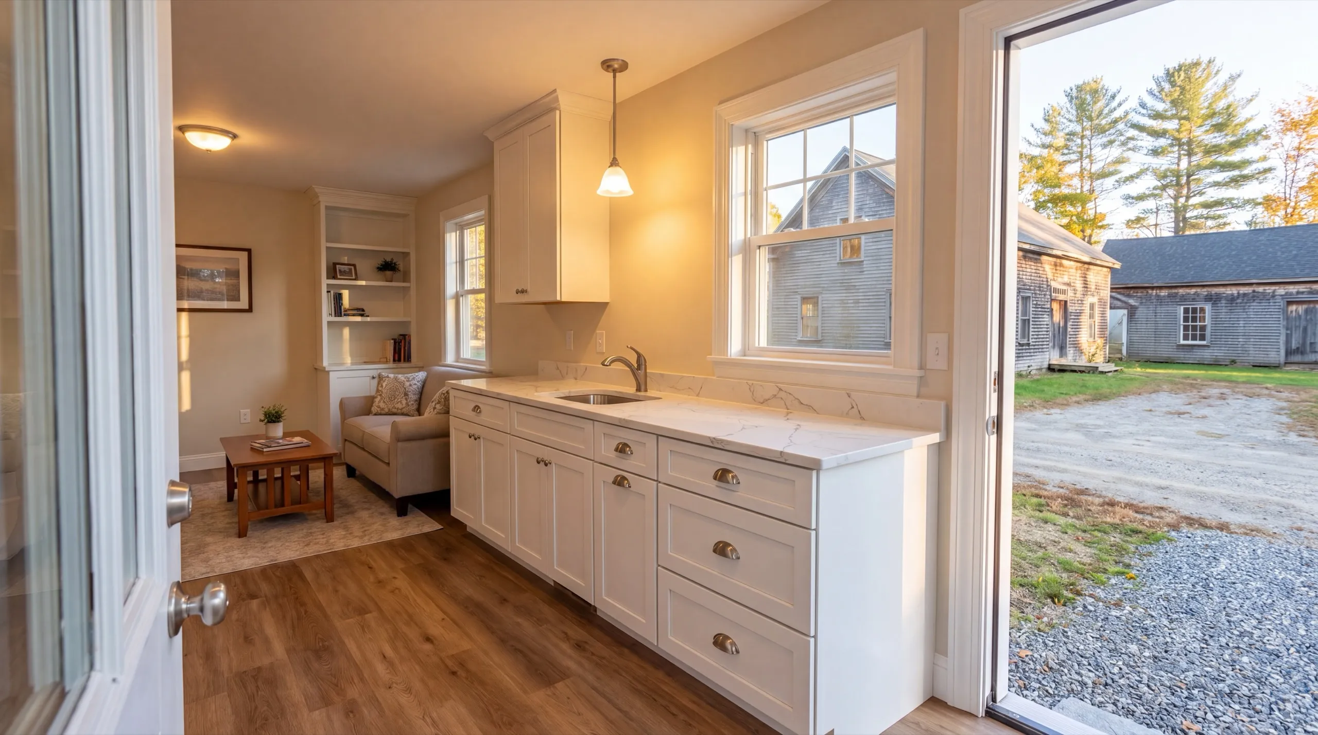 ADU builder Hallowell Maine: open door into a small unit with a kitchenette and a sitting area