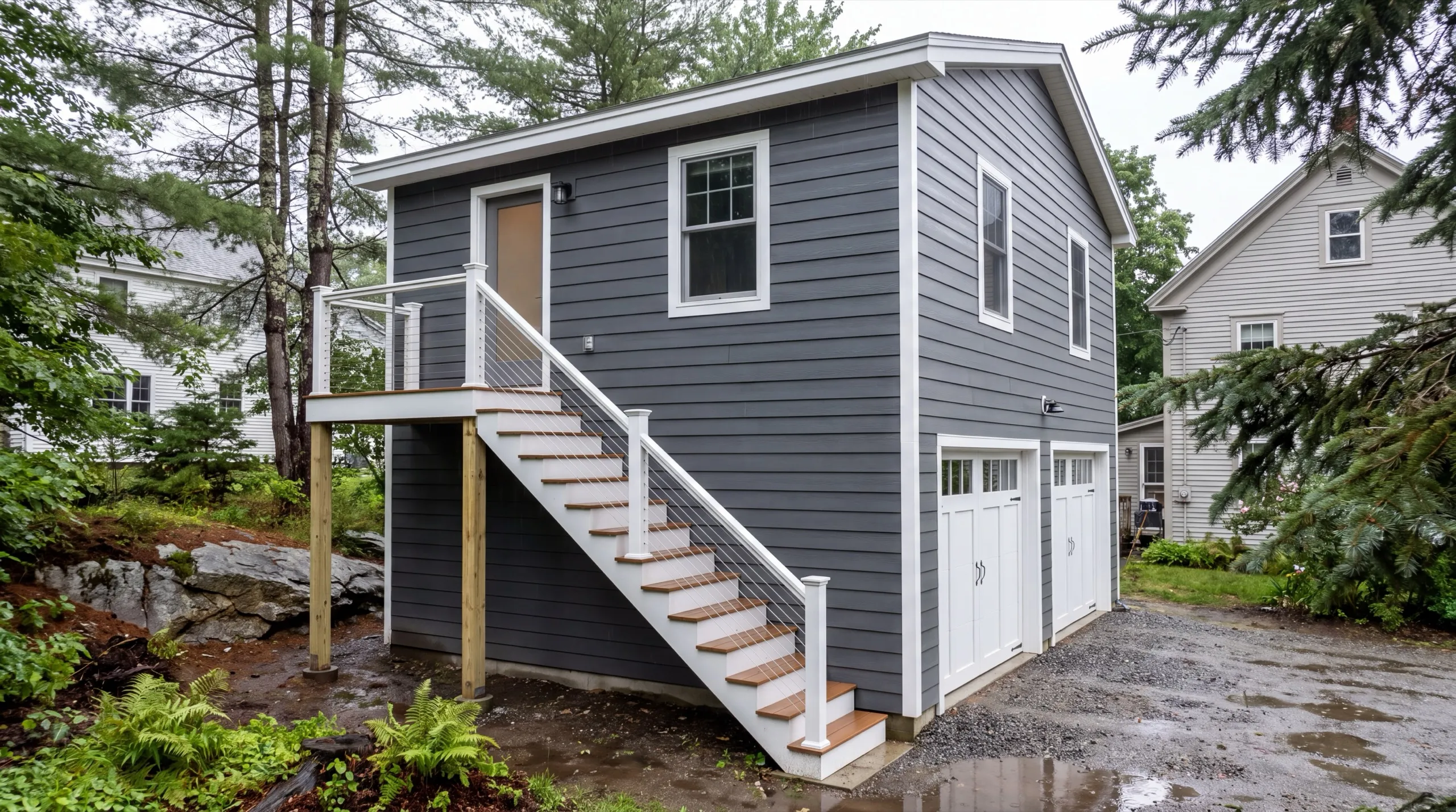 Accessory dwelling unit builder Hallowell Maine: gray two-story garage with two doors and an exterior stair to an upper entry
