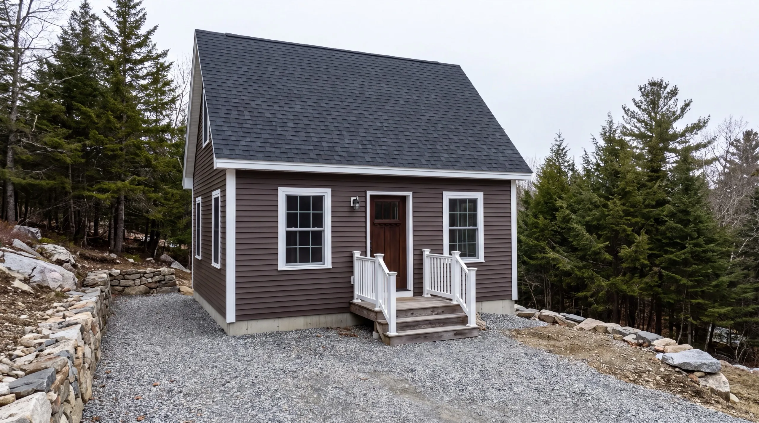 ADU builder in Hallowell, ME: finished brown one-and-a-half story cottage with railed entry steps on gravel