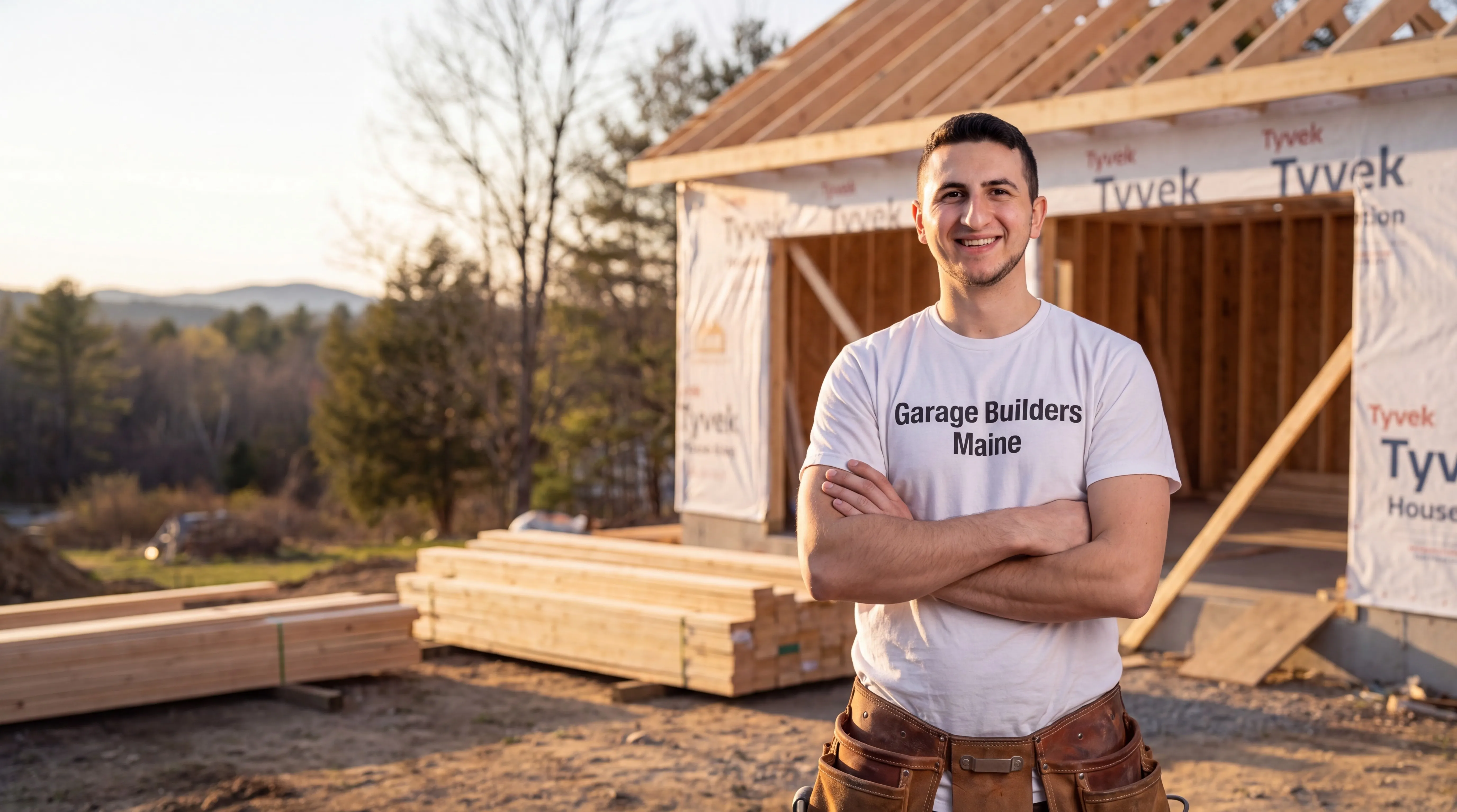 ADU builder Hallowell Maine: owner with arms crossed in front of a framed building in house wrap