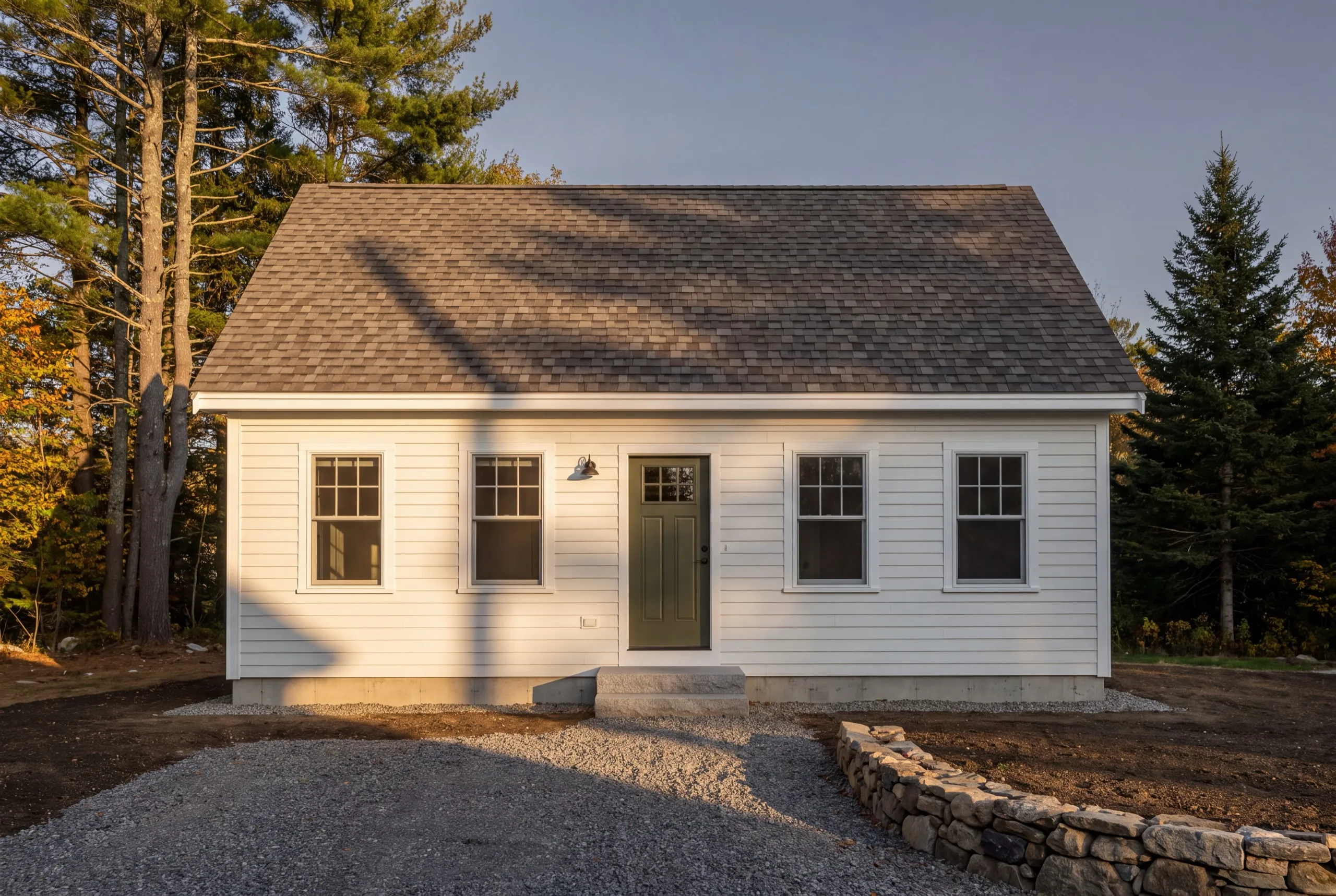 In-law apartment builder Hallowell Maine: finished white detached cape with a green door and a gravel drive