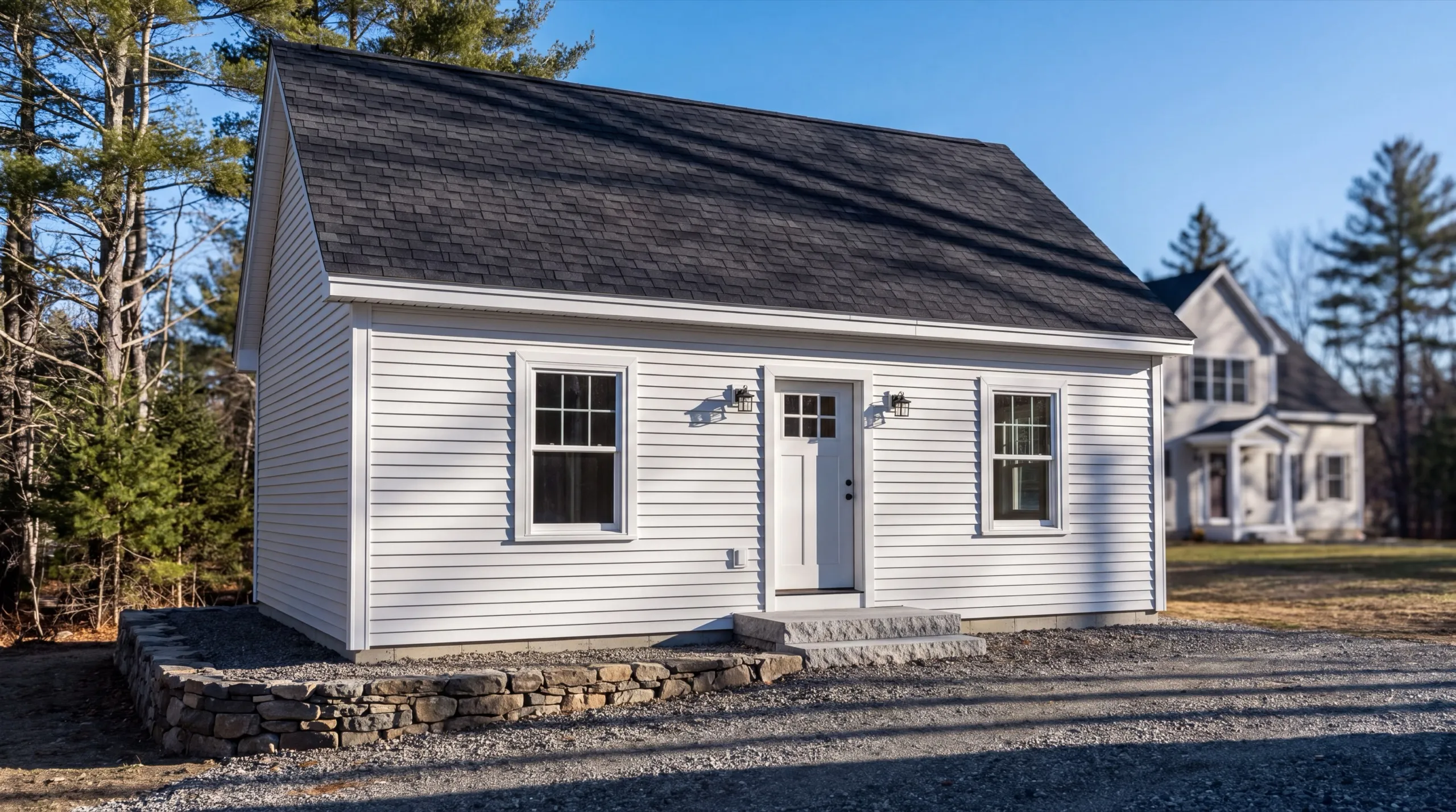 ADU builder Hallowell Maine: finished white detached cottage with a stone-edged walk and gravel drive
