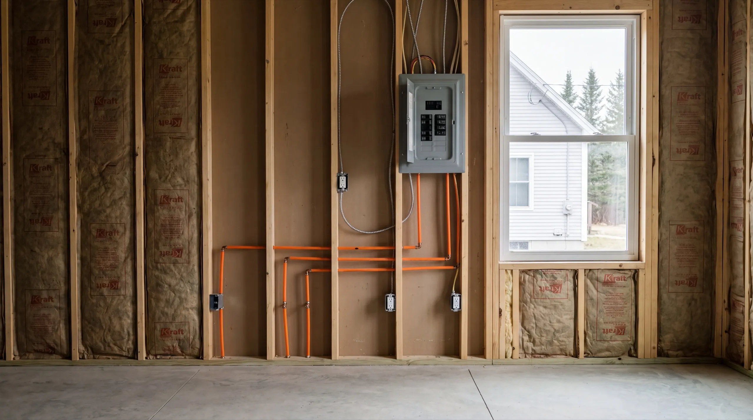 Accessory dwelling unit builder Hallowell Maine: insulated stud wall with an electrical panel, outlet boxes and orange wiring runs