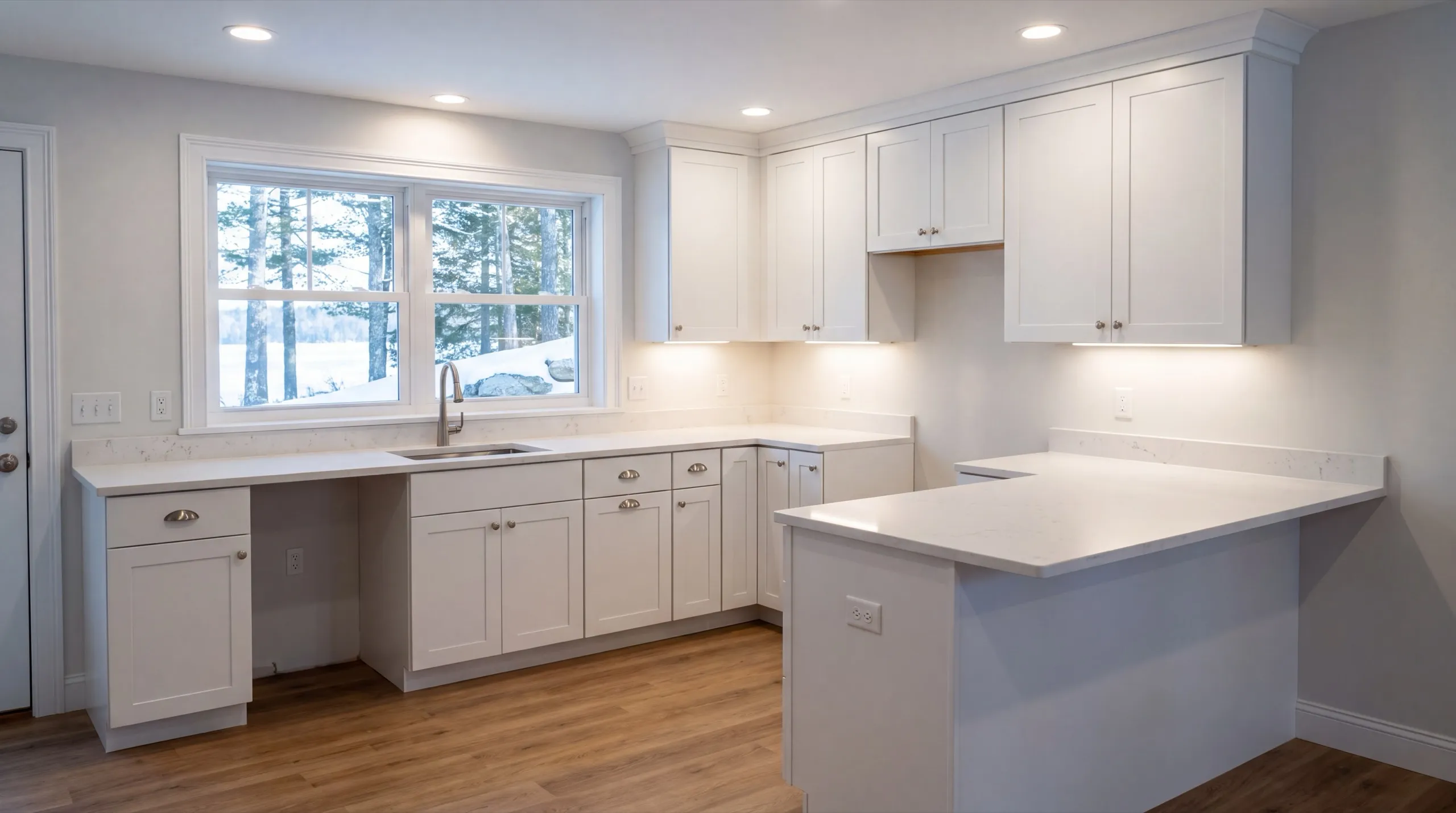 ADU builder Jefferson Maine: white L-shaped kitchenette with stone counters and a peninsula under a window