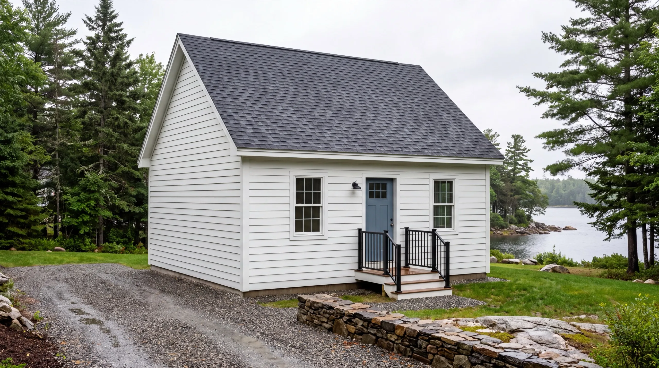ADU builder in Jefferson, ME: finished white one-story cottage with a blue door and black stair rails