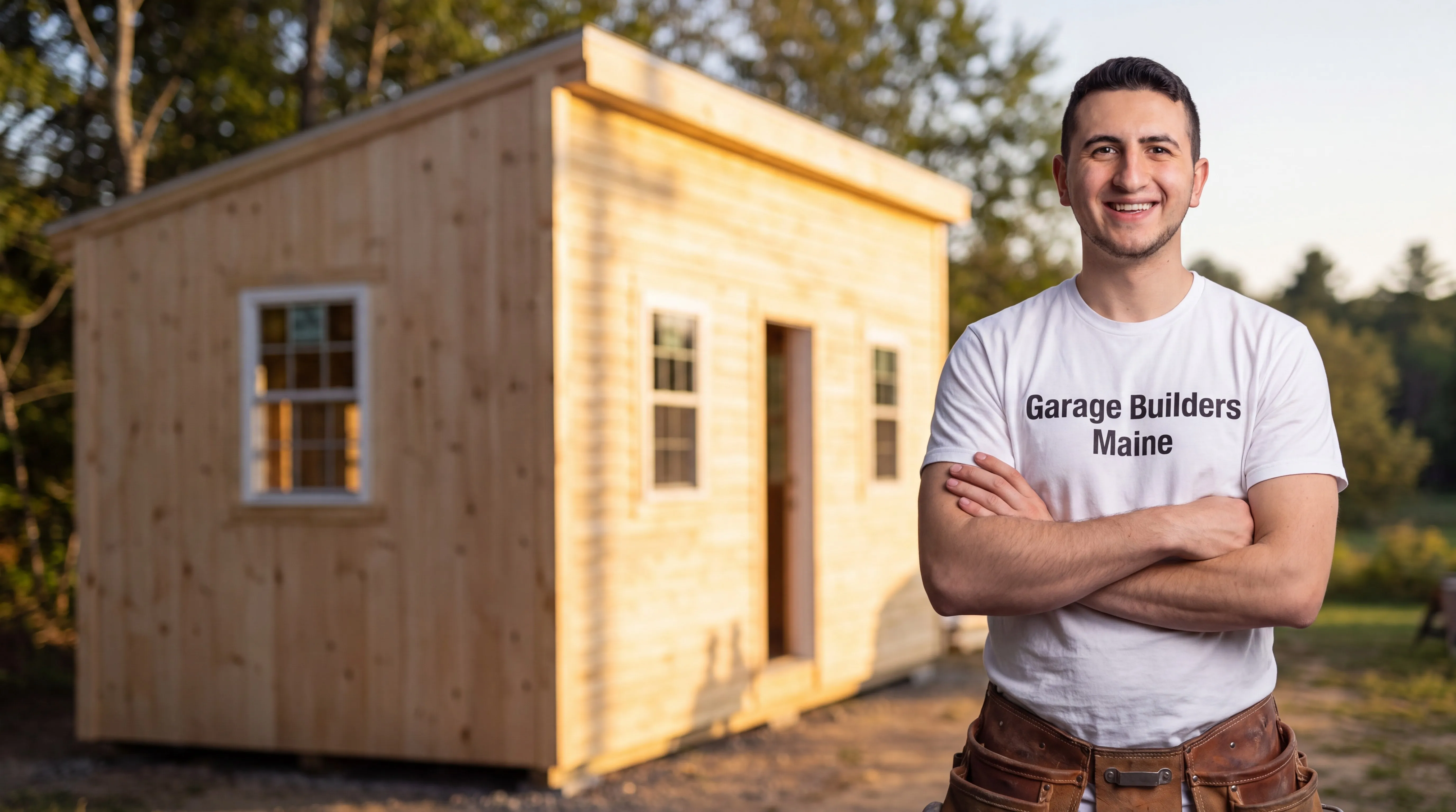 Owner of Garage Builders Maine standing with his arms crossed and smiling at a Maine job site