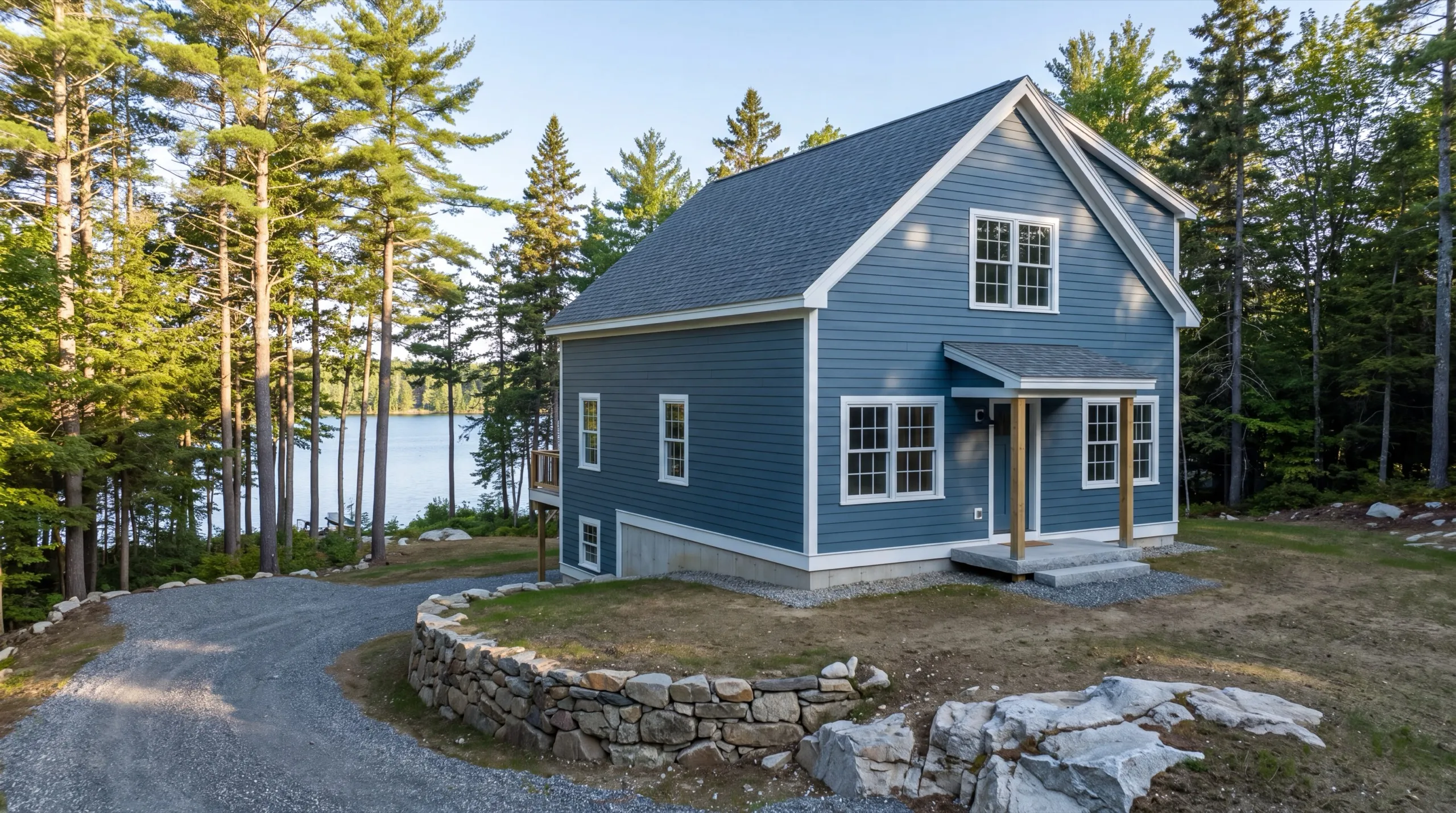 ADU builder Jefferson Maine: finished blue one-and-a-half story cottage with a covered entry above a lake