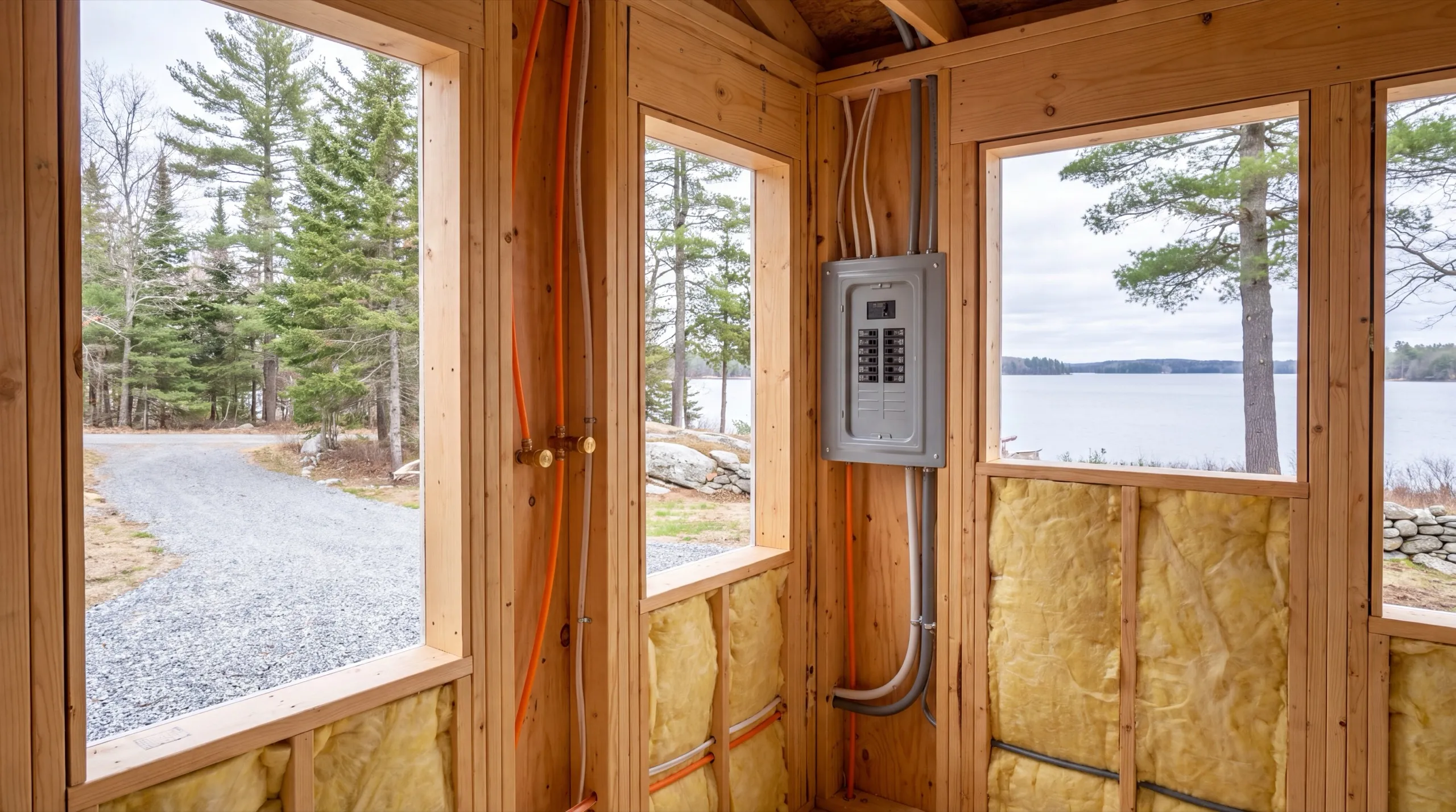 Accessory dwelling unit builder Jefferson Maine: framed corner with an electrical panel, wiring, orange water lines and insulation