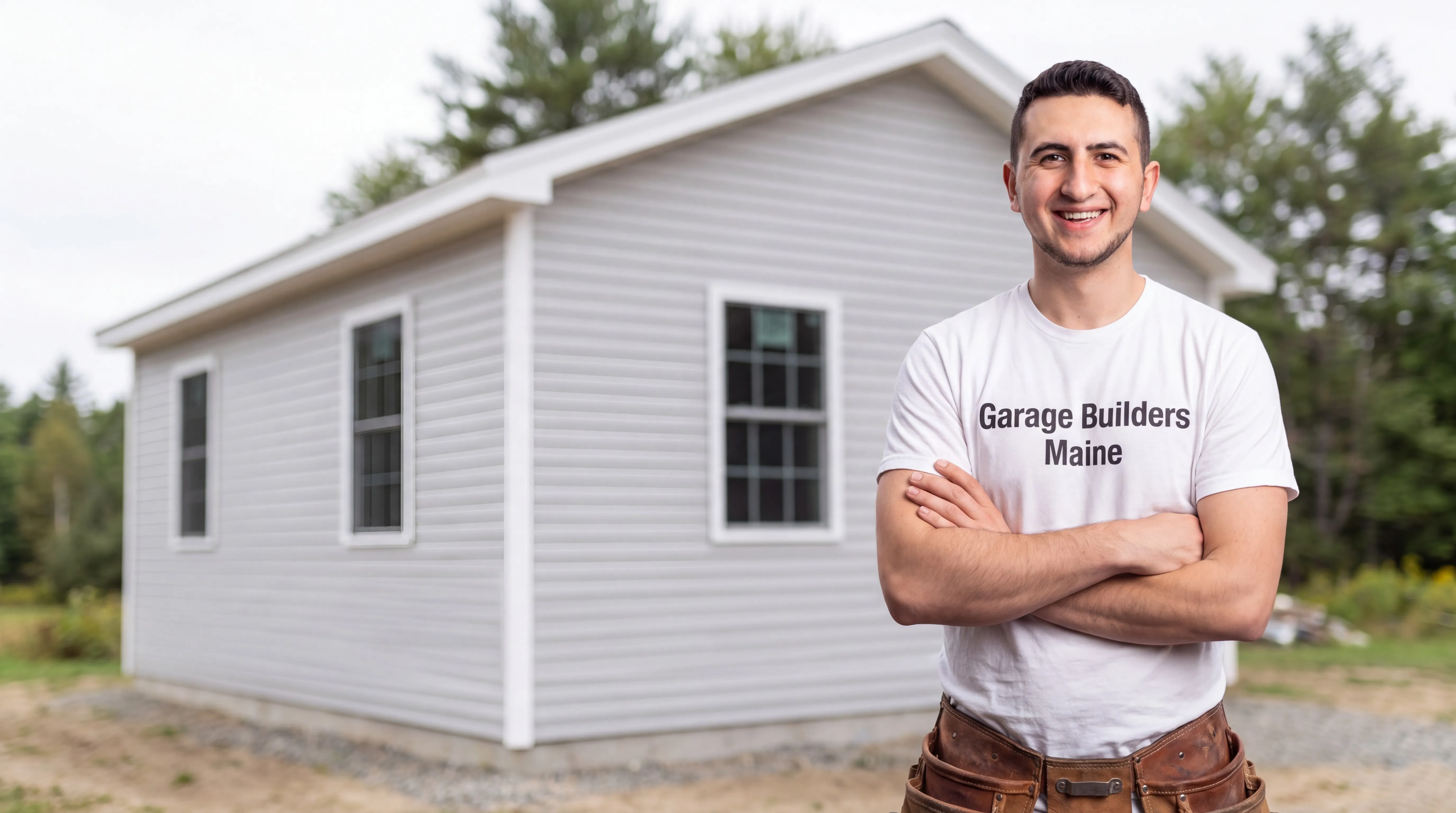 ADU builder Litchfield Maine: owner with arms crossed in front of a finished white one-story building