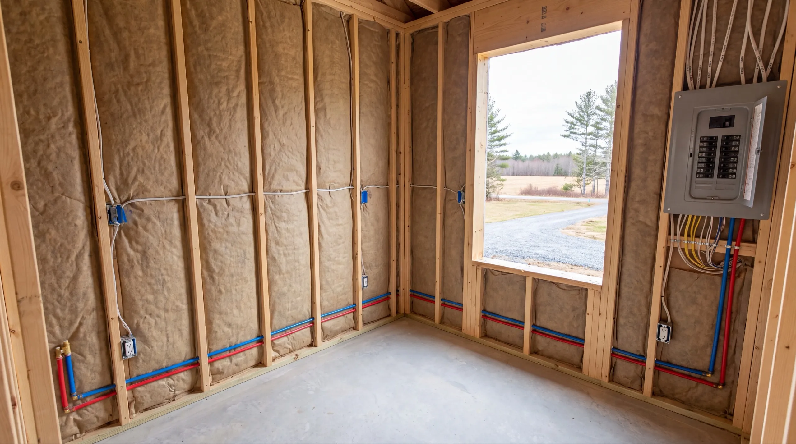 Accessory dwelling unit builder Litchfield Maine: insulated stud walls with outlet boxes, red and blue water lines and a panel