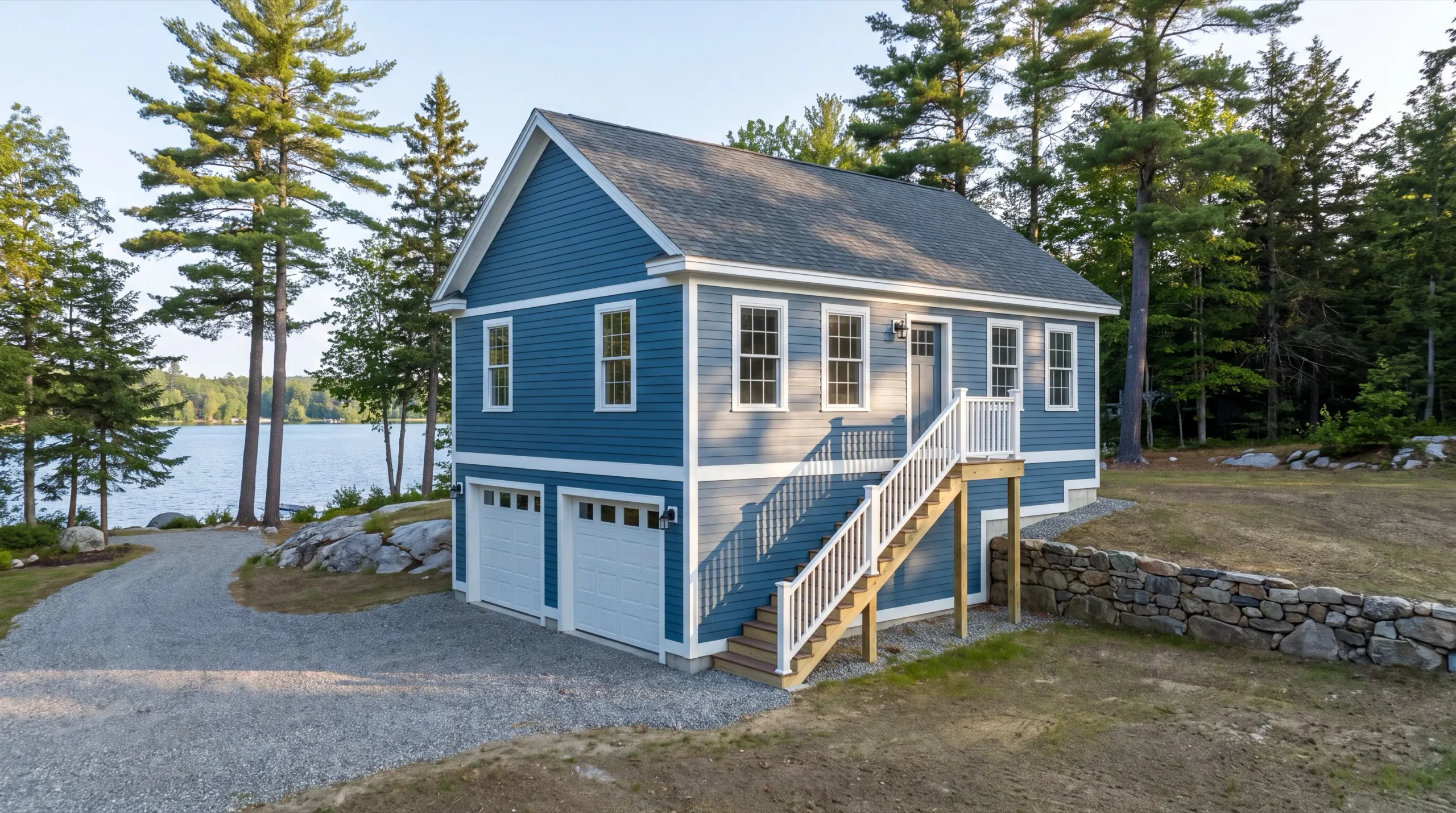 Accessory dwelling unit builder Manchester Maine: blue two-story garage with two doors below living space and an exterior stair