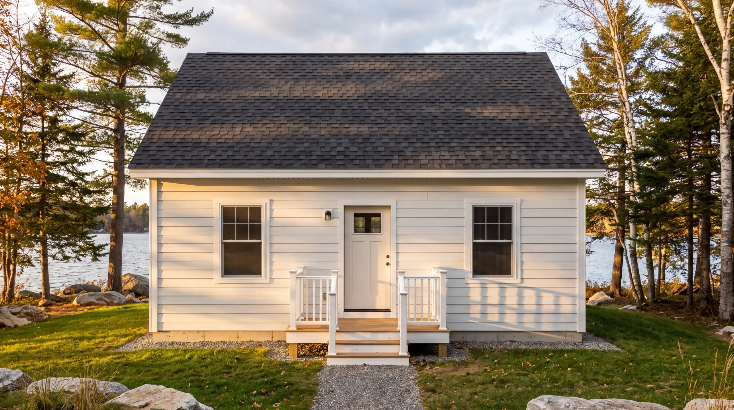 ADU builder in Manchester, ME: finished white one-story cottage with a railed entry stoop near a lake