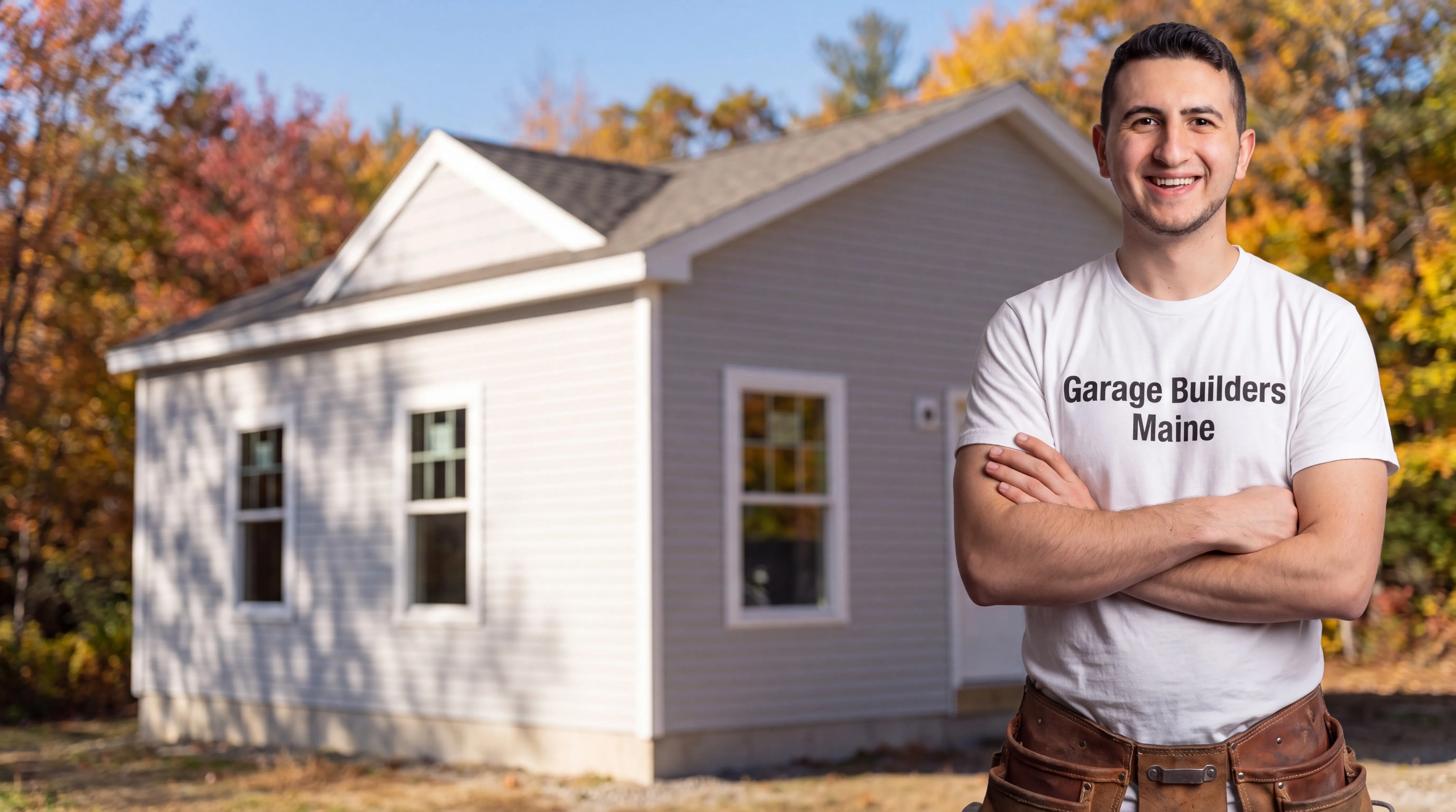 Owner of Garage Builders Maine standing with his arms crossed and smiling at a Maine job site