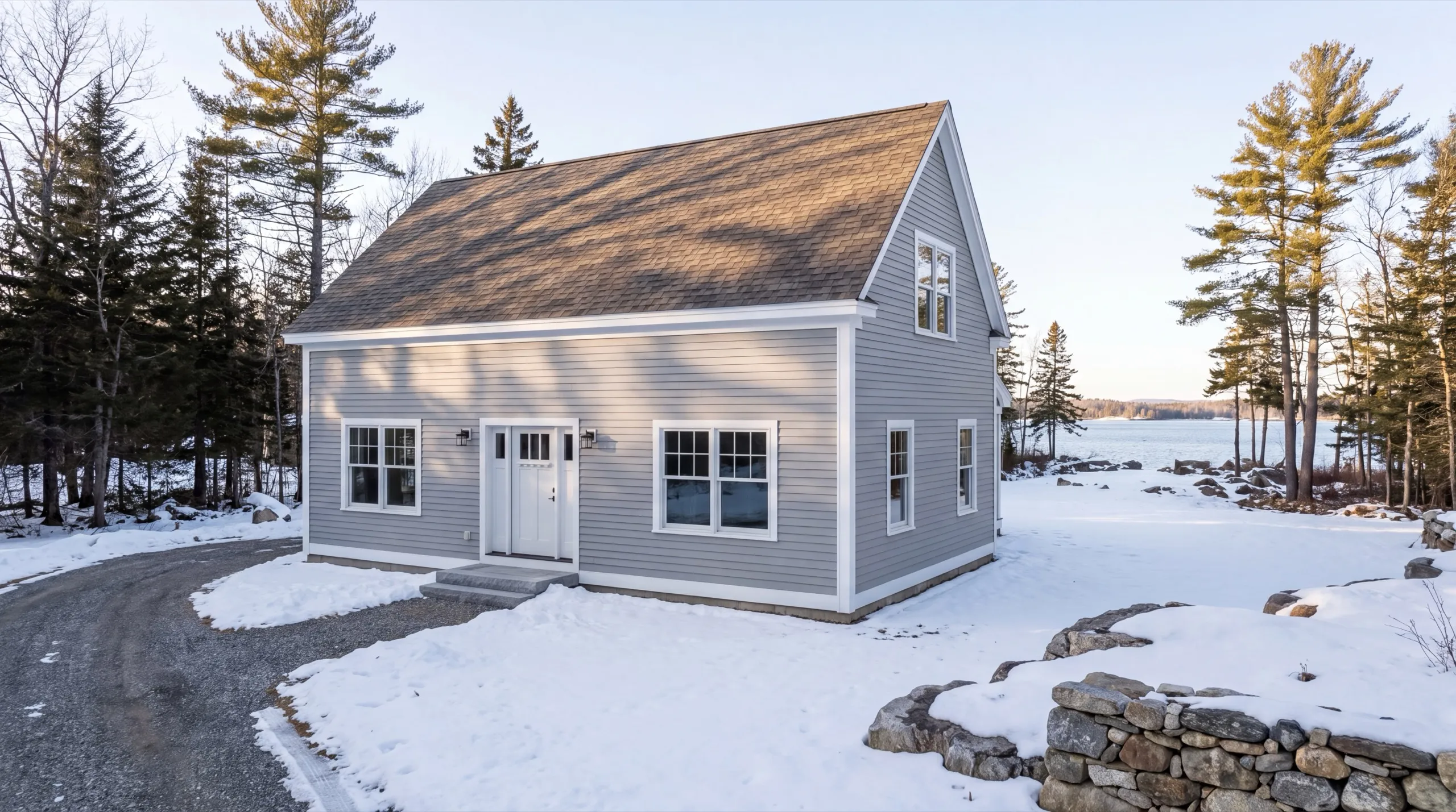 ADU builder Manchester Maine: finished gray one-and-a-half story cottage in snow with a gravel drive