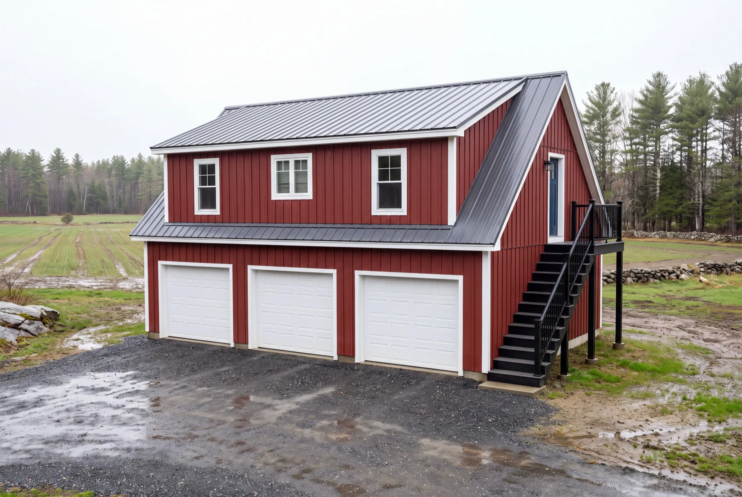 ADU builder Monmouth Maine: red board and batten three-bay garage with living space above and a black stair