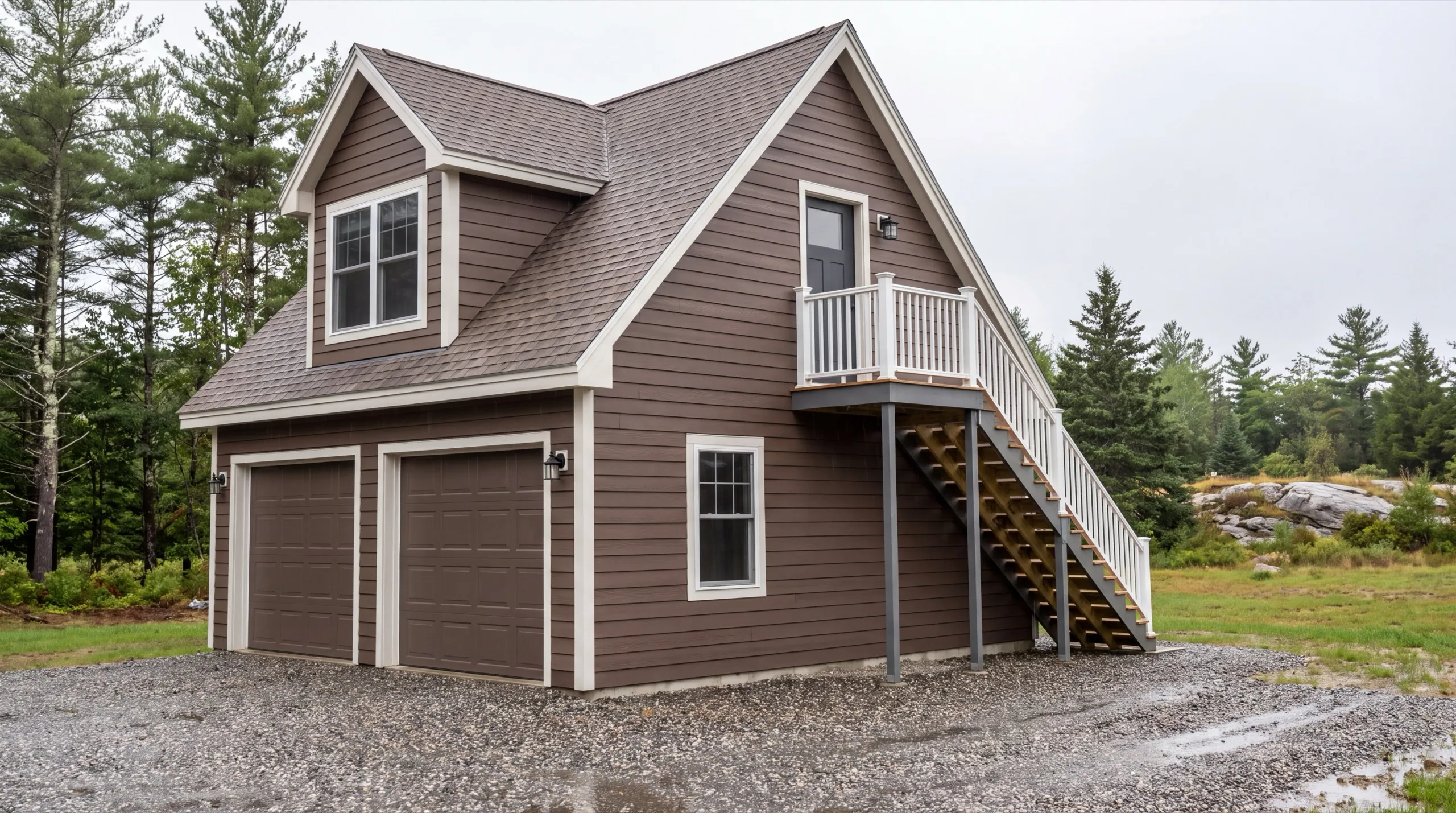 Accessory dwelling unit builder Monmouth Maine: brown two-bay garage with dormered living space and an exterior stair to a deck