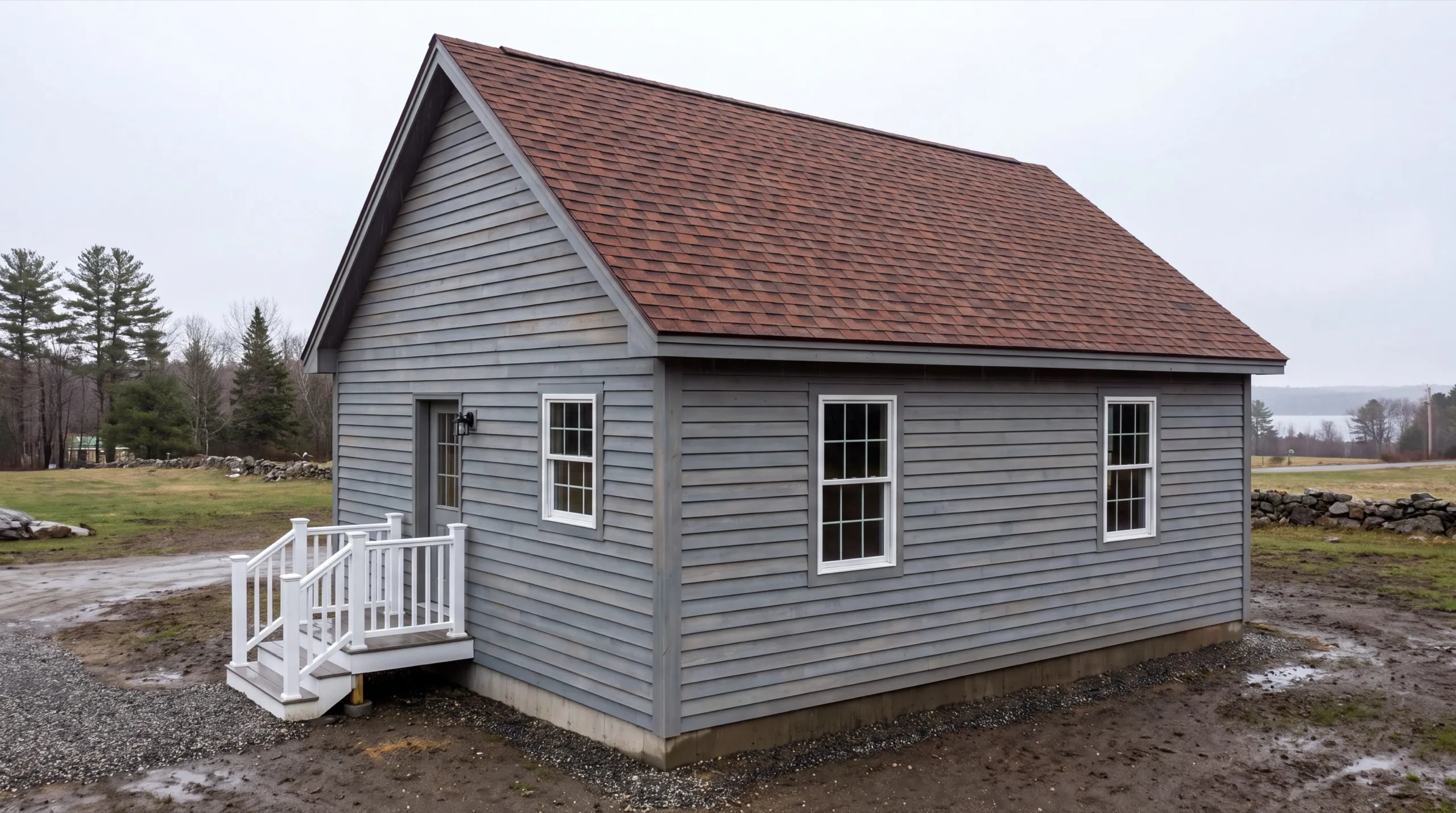 ADU builder in Monmouth, ME: finished gray one-story cottage with a red roof and a railed side stoop