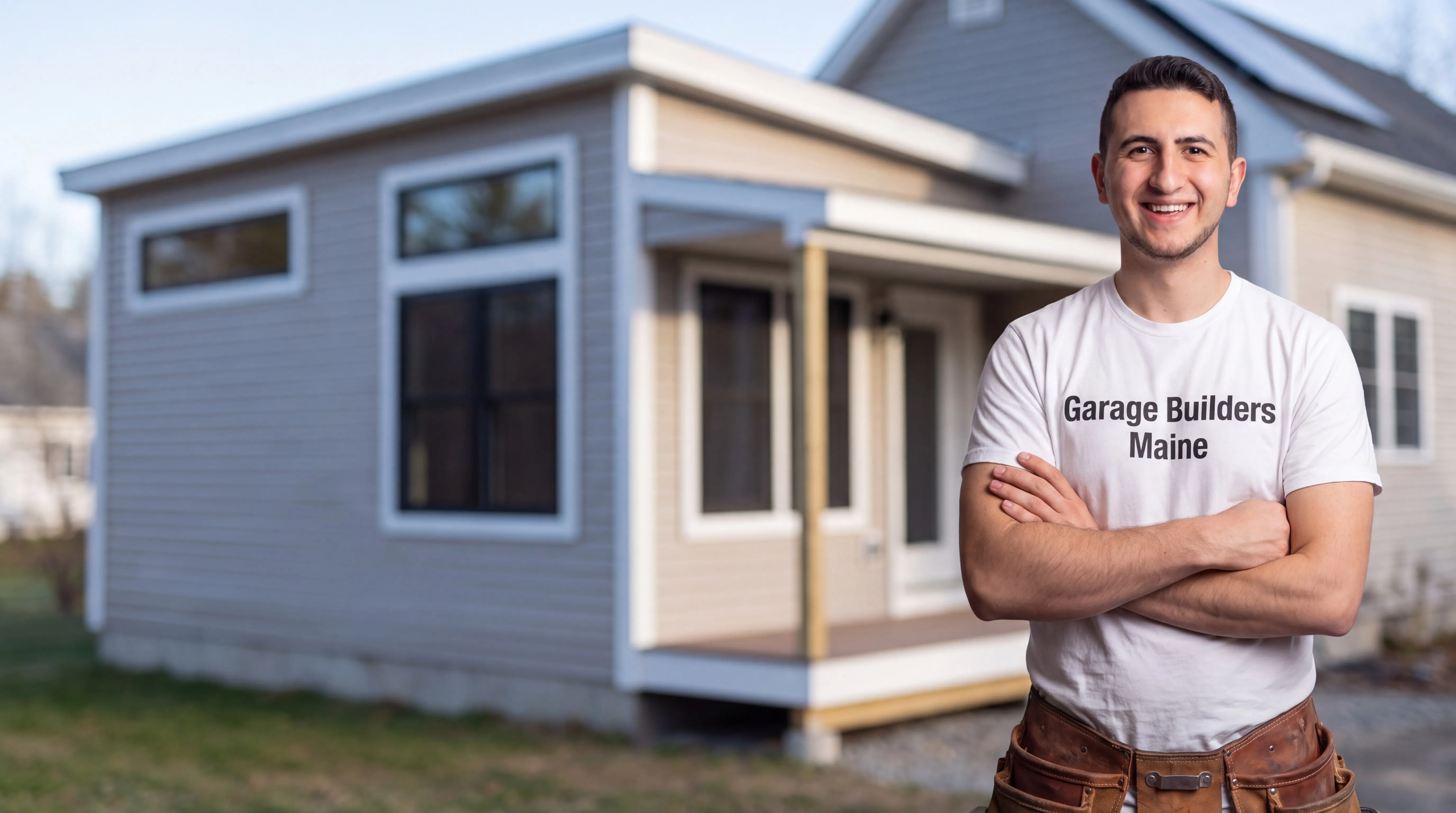 ADU builder Monmouth Maine: owner with arms crossed in front of a finished small cottage with a porch