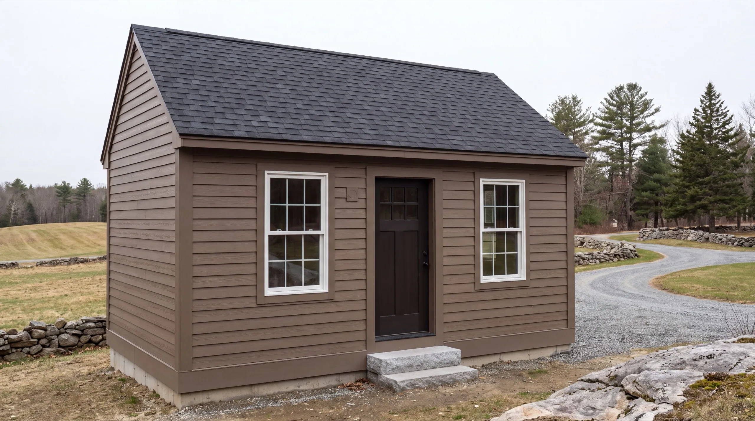 ADU builder Monmouth Maine: finished brown one-story cottage with a dark door and stone steps