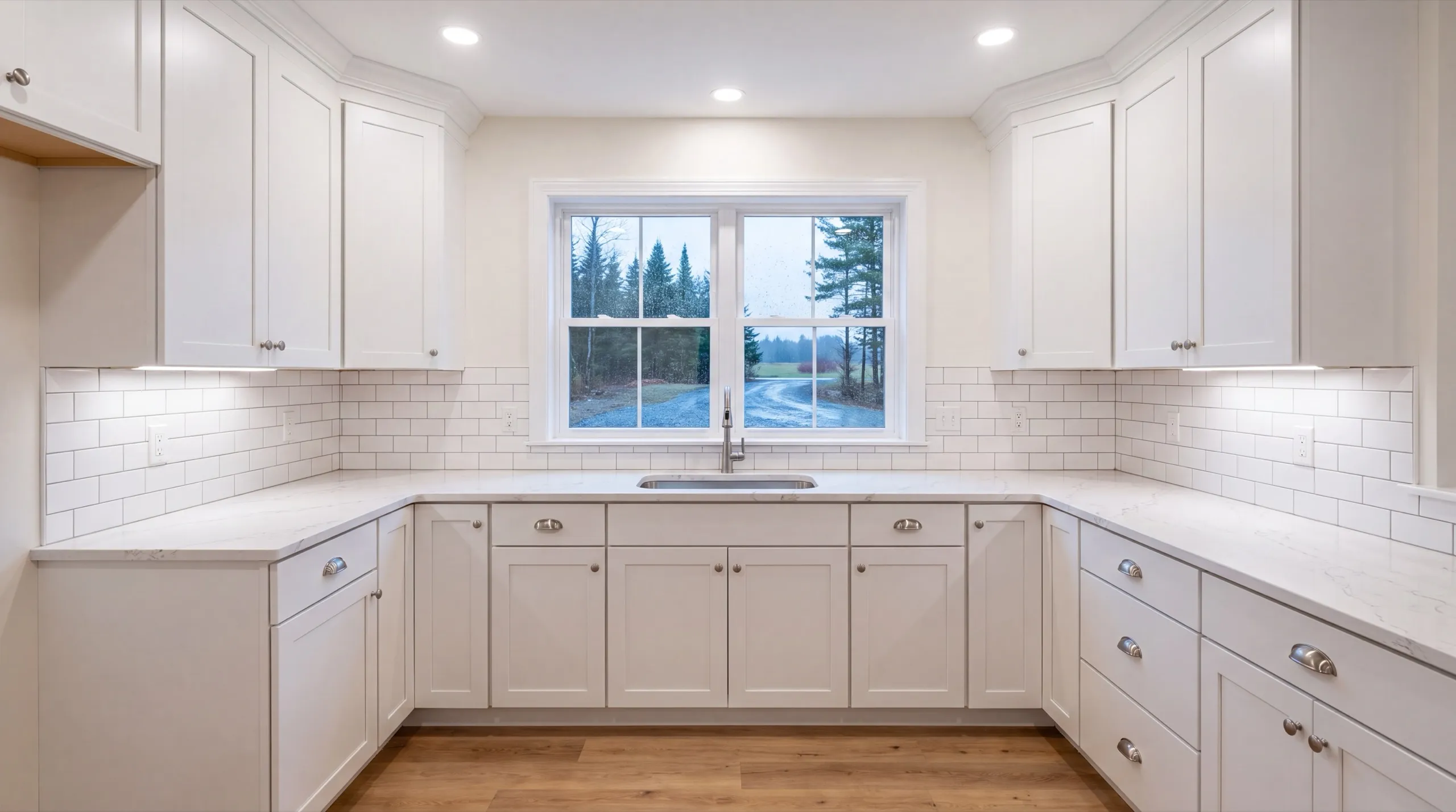 ADU builder Pittston Maine: finished white U-shaped kitchen with subway tile and a window over the sink