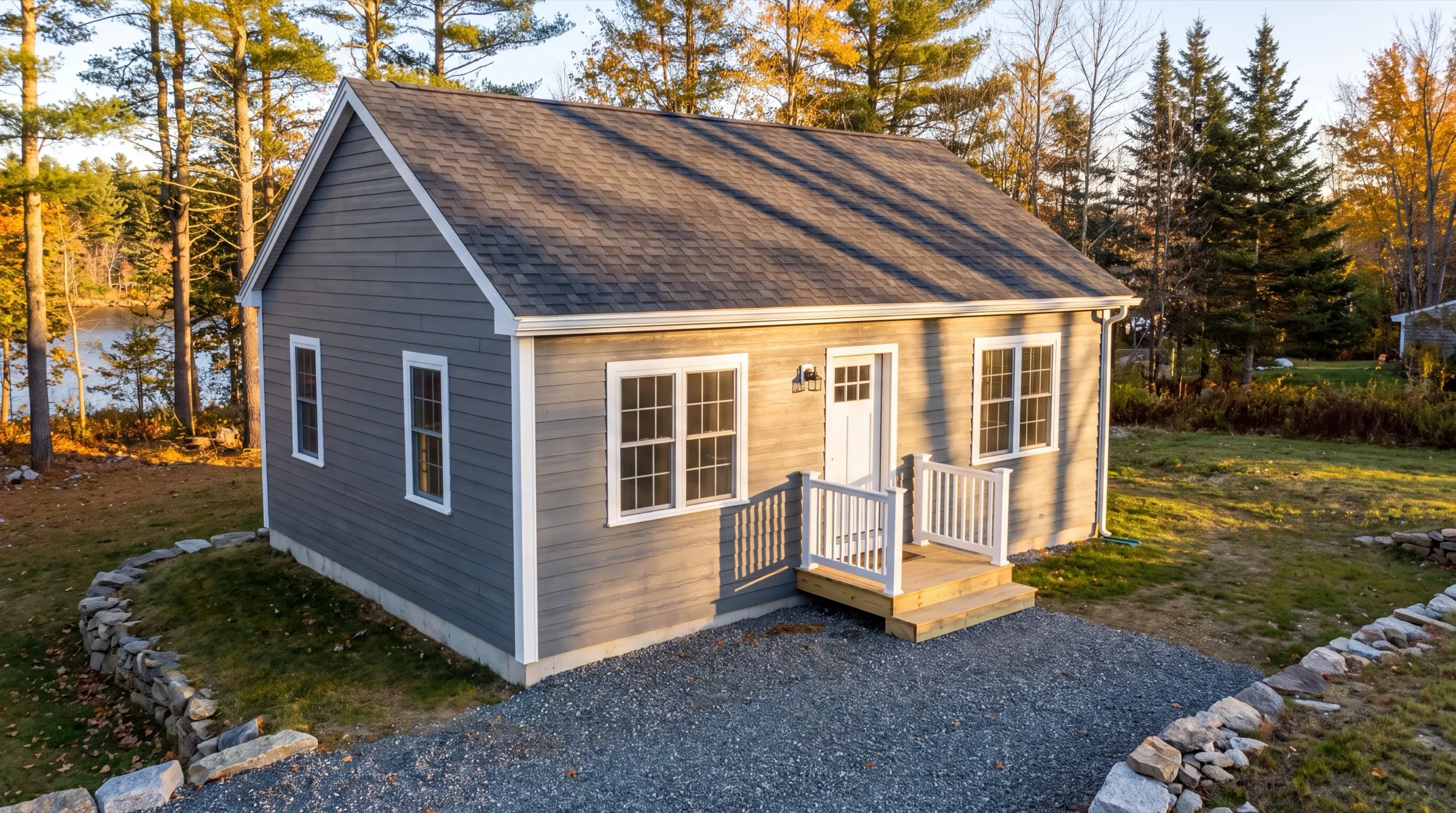 ADU builder in Pittston, ME: finished gray one-story cottage with a railed entry stoop and gravel walk