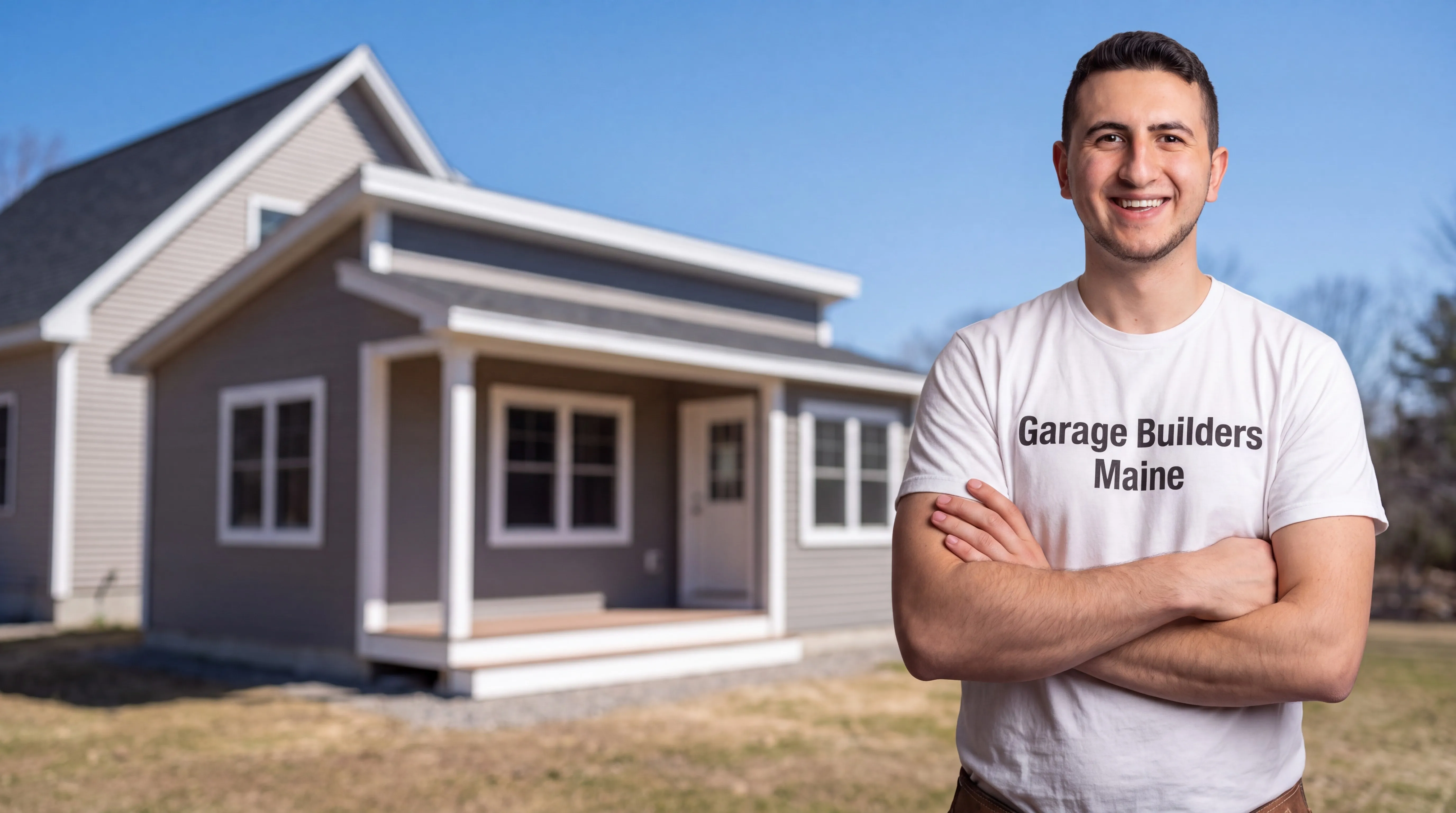 ADU builder Pittston Maine: owner with arms crossed in front of a finished gray cottage with a porch