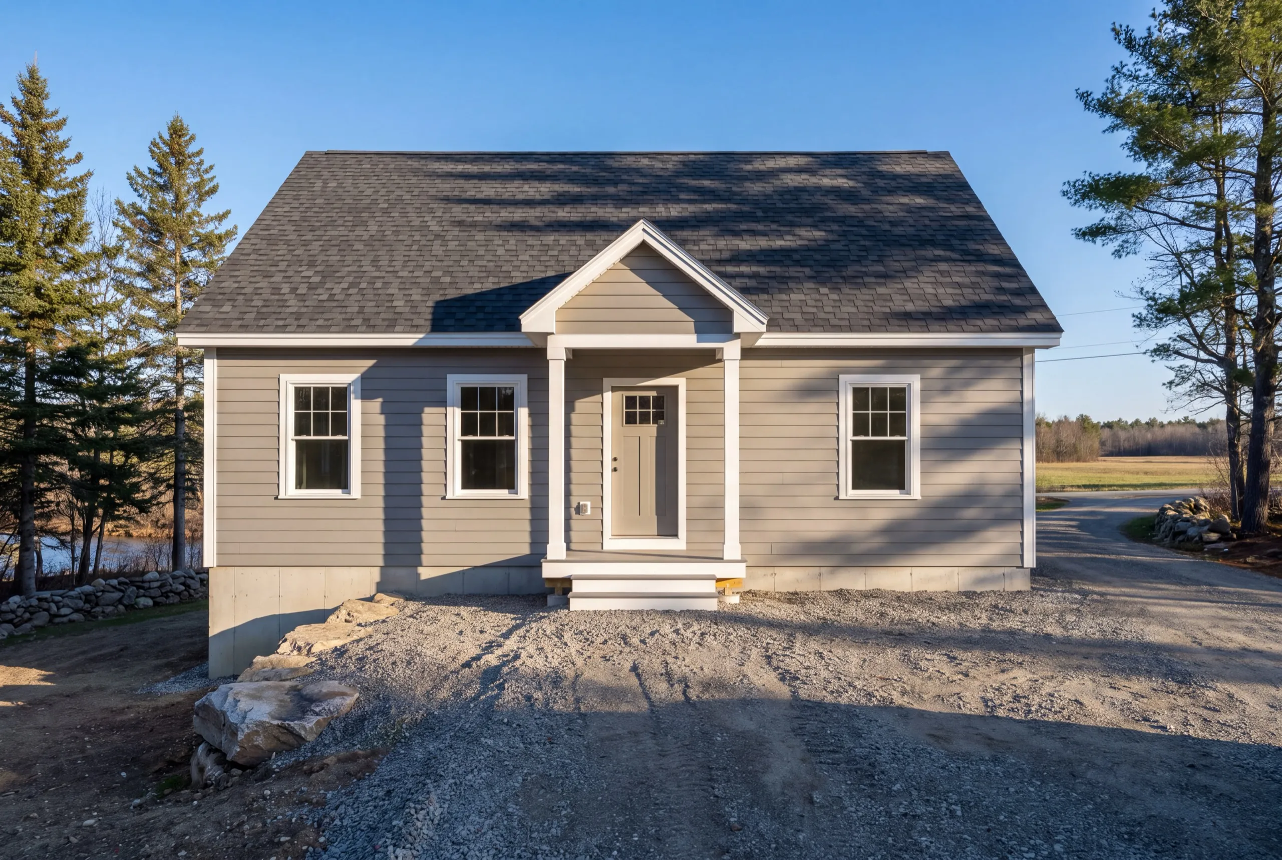 In-law apartment builder Pittston Maine: finished small gray cottage with a gabled entry porch on a new gravel drive