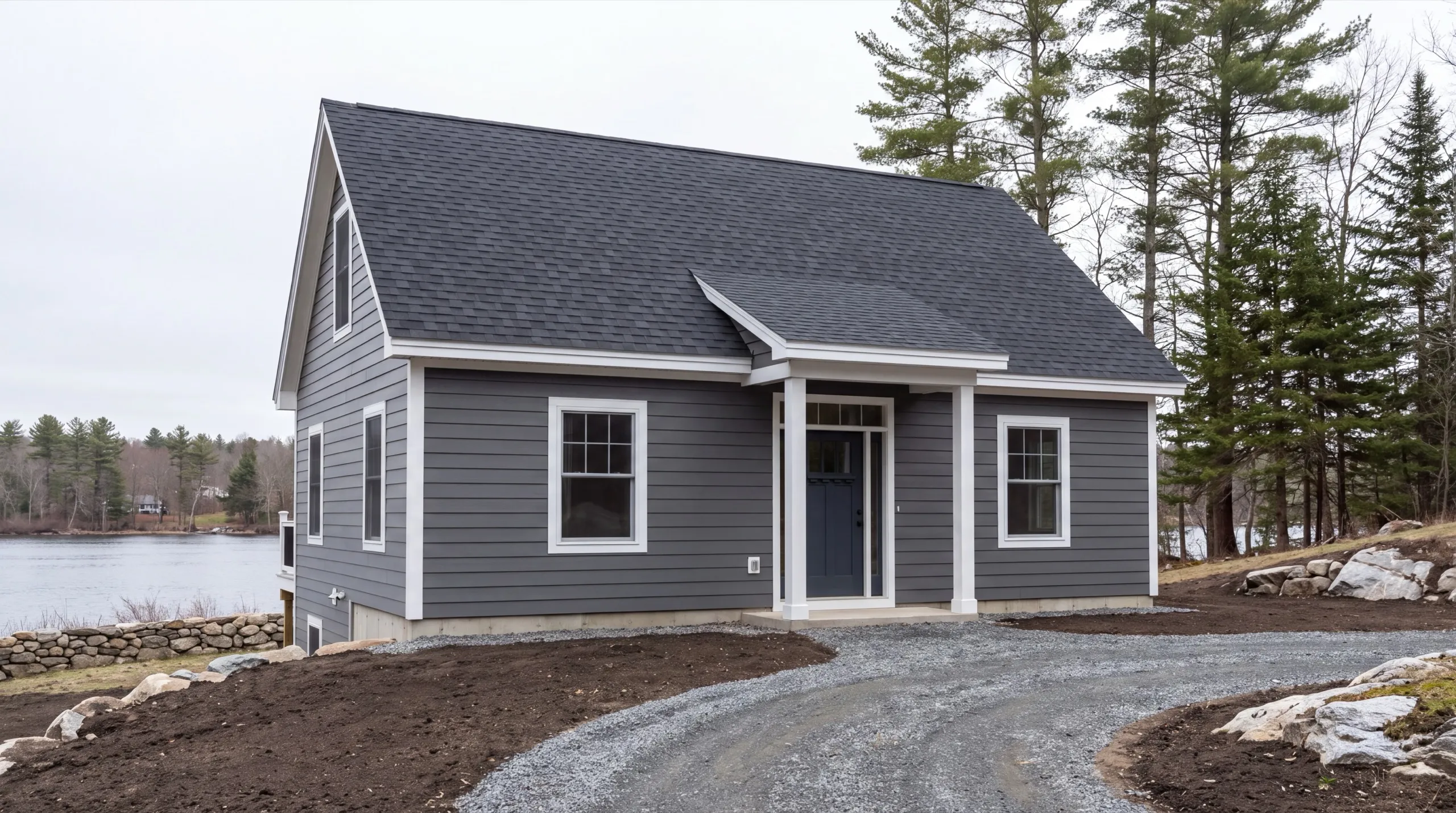 ADU builder Pittston Maine: finished small gray cottage with a covered entry and gravel drive by a lake